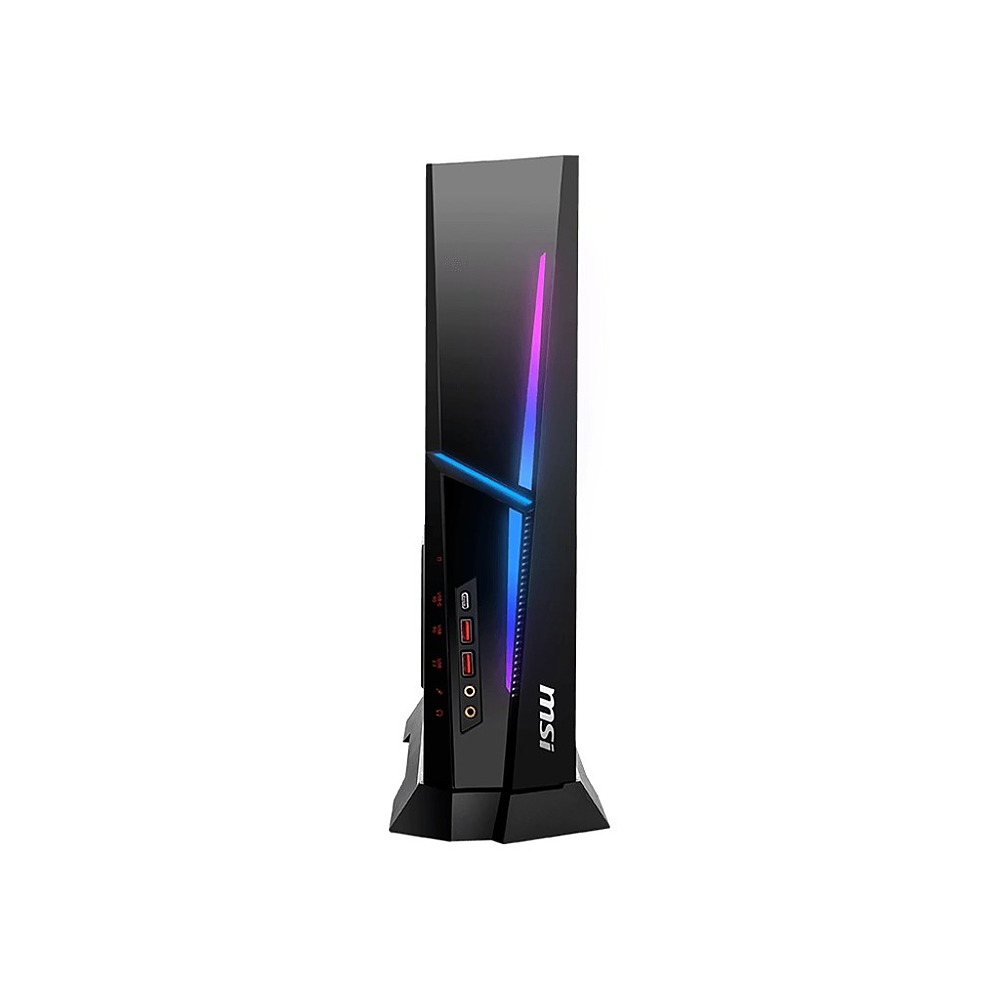 Czarna wieża PC do gier MSI z pionowym oświetleniem RGB na białym tle.