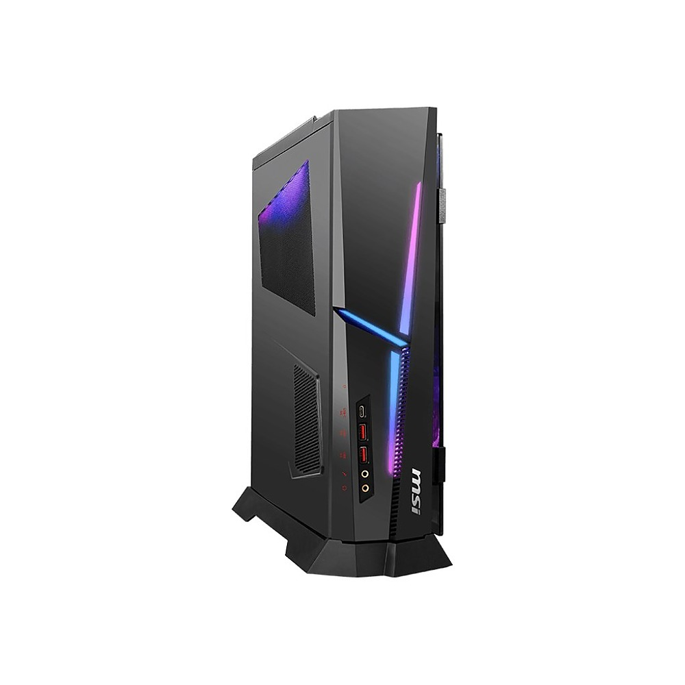 Czarna wieża PC do gier MSI z niebieskim i fioletowym oświetleniem LED na białym tle.