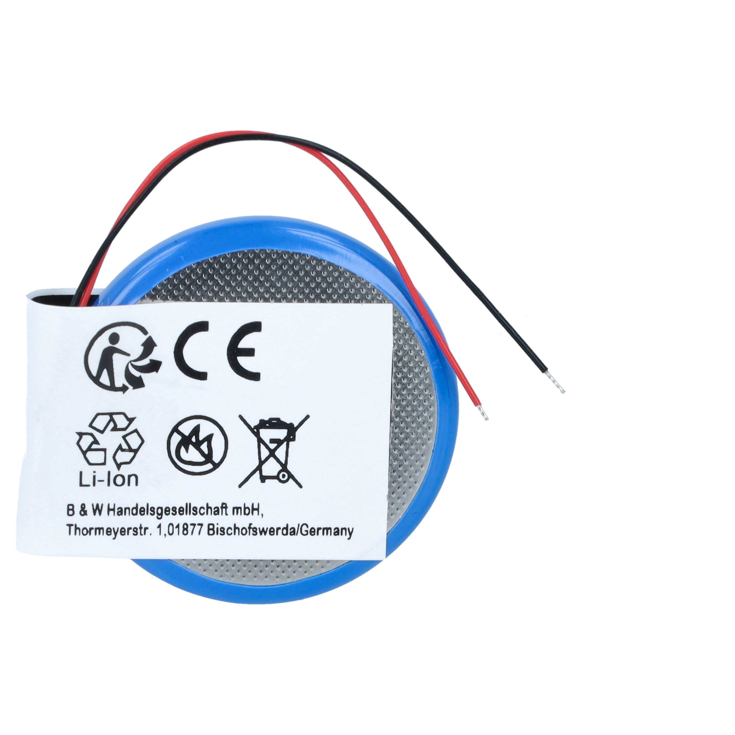 Blaue Li-Ionen-Knopfzellenbatterie mit roten und schwarzen Kabeln und einem Etikett mit CE-Kennzeichnung auf weißem Grund.