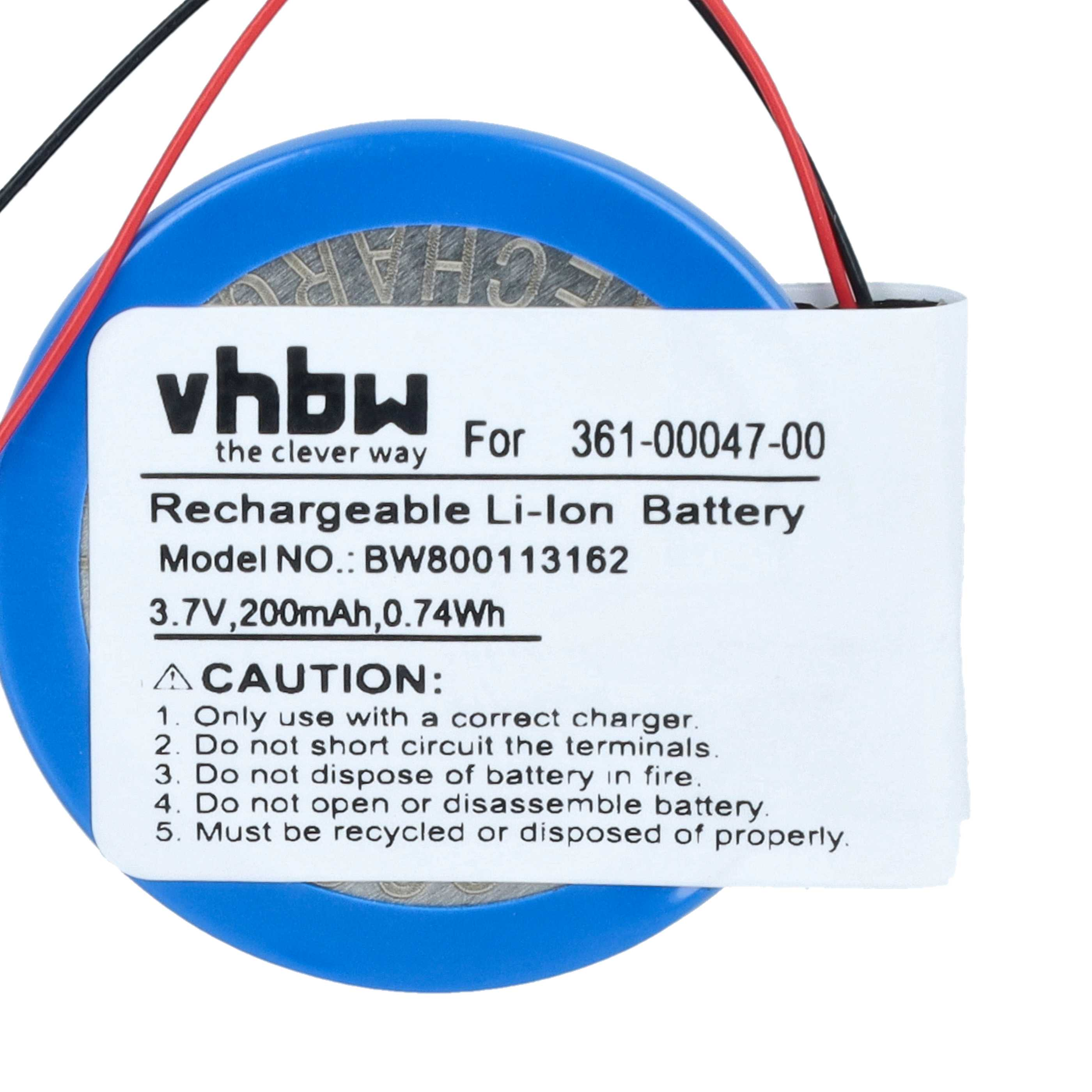 Blaue wiederaufladbare Lithium-Ionen-Batterie mit weißem Etikett, roten und schwarzen Kabeln und Sicherheitshinweisen.