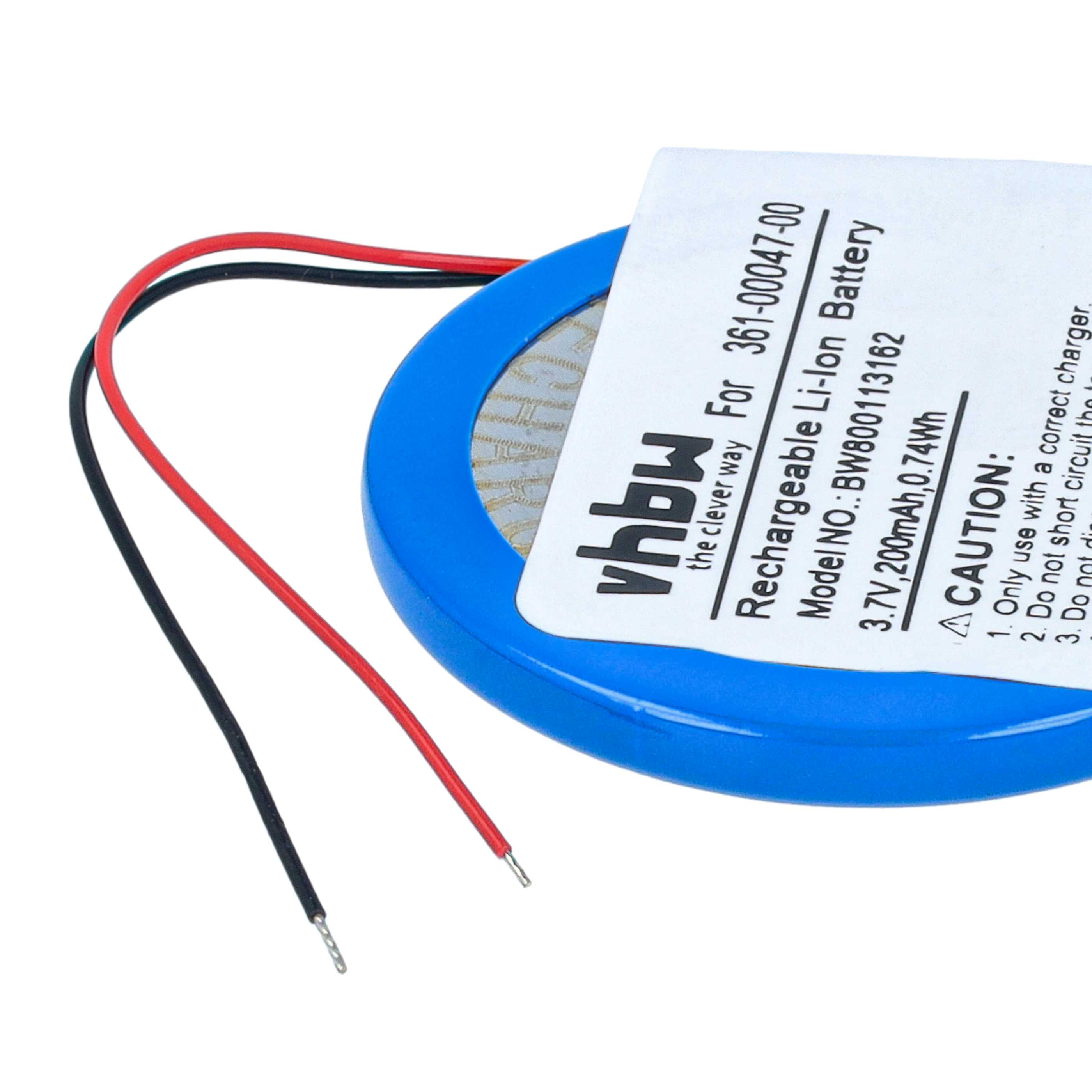 Blaue Li-Ionen-Akkubatterie mit einem weißen Etikett und roten sowie schwarzen Anschlusskabeln.
