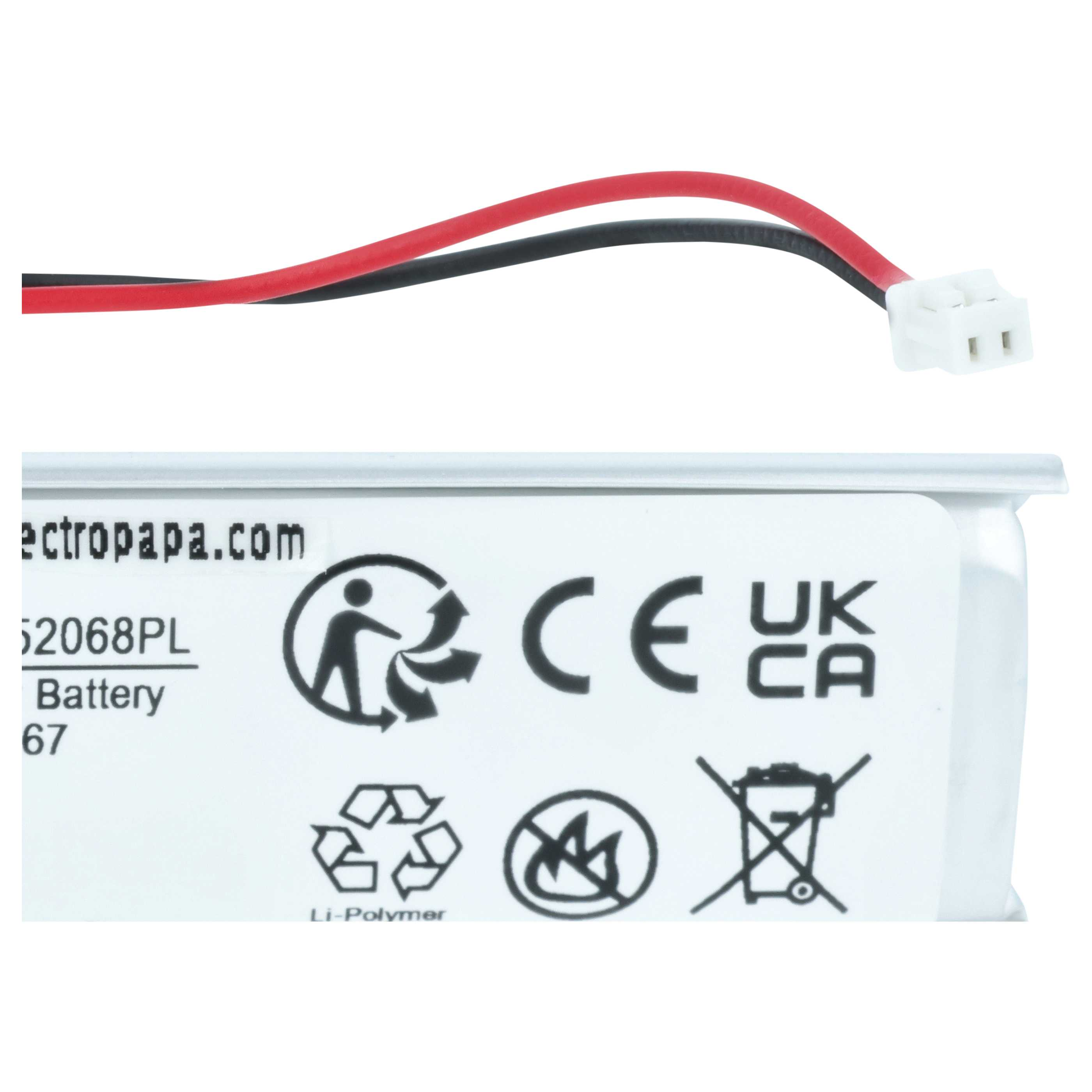 Li-Polymer-Batterie mit roten und schwarzen Kabeln, weißem Stecker und CE-Kennzeichnung auf weißem Etikett.