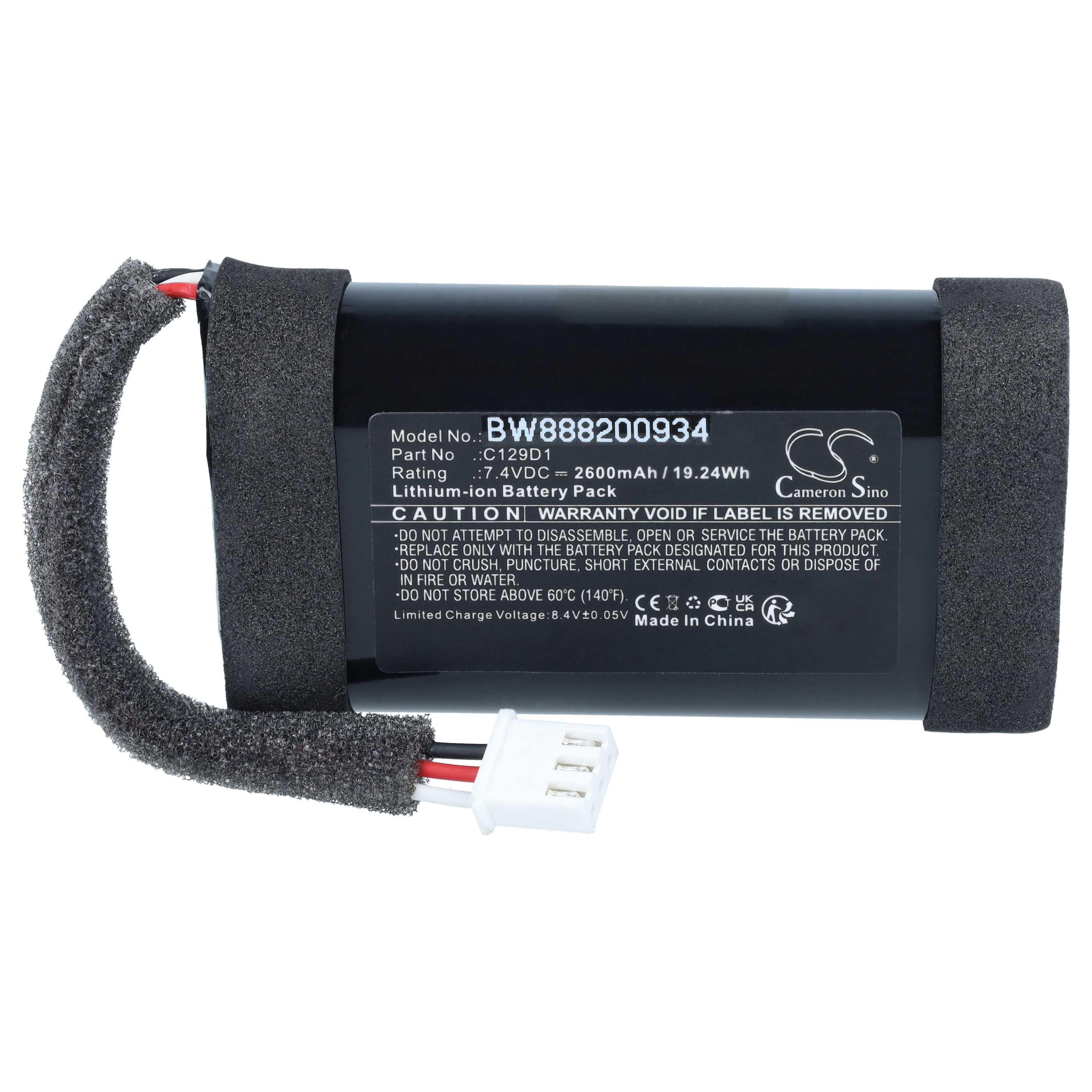 Ein schwarzer Lithium-Ionen-Akku mit Schaumstoffpolstern an den Enden und einem weißen Stecker.