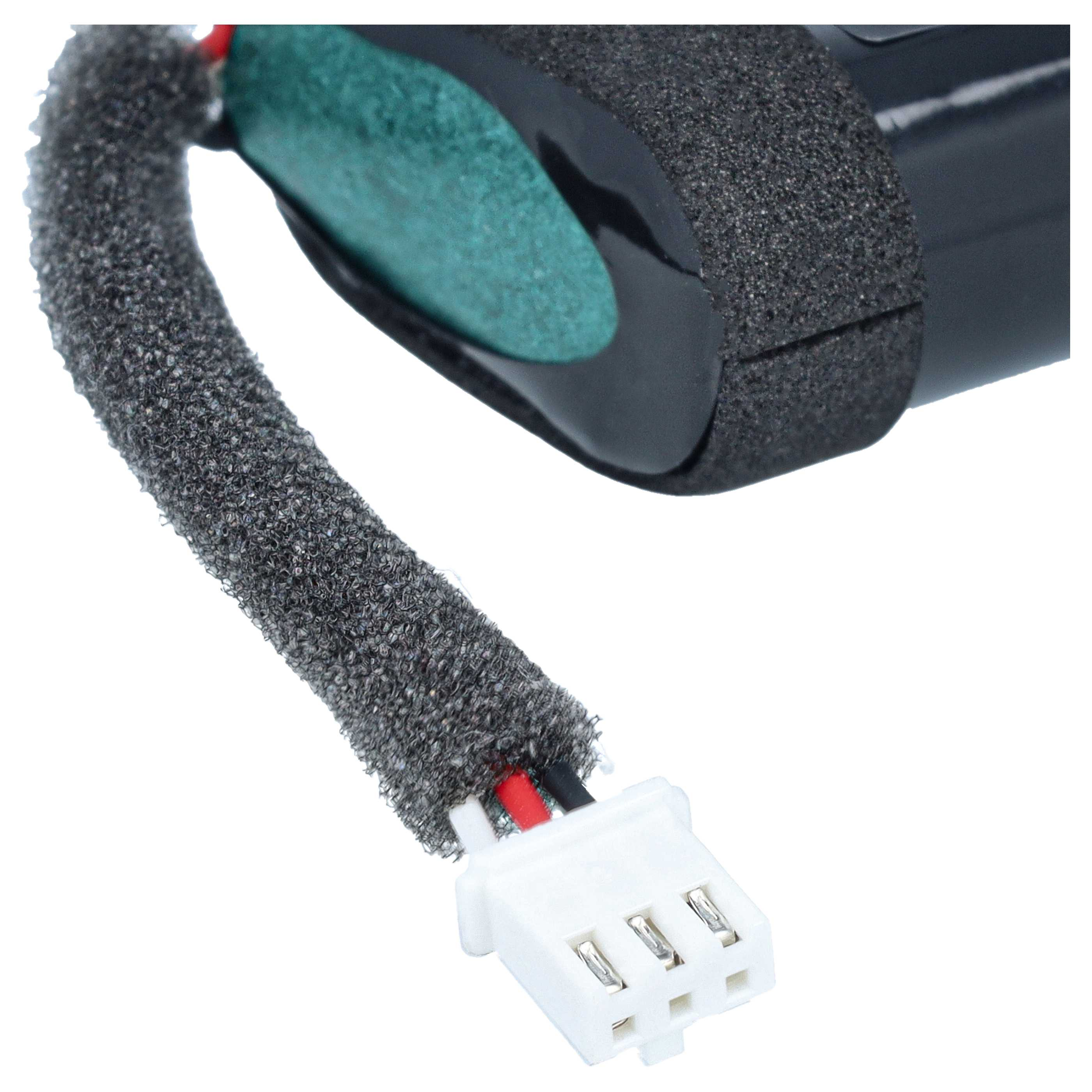 Ein schwarzer Akku mit einem grauen Schaumstoffkabel und einem weißen Stecker.
