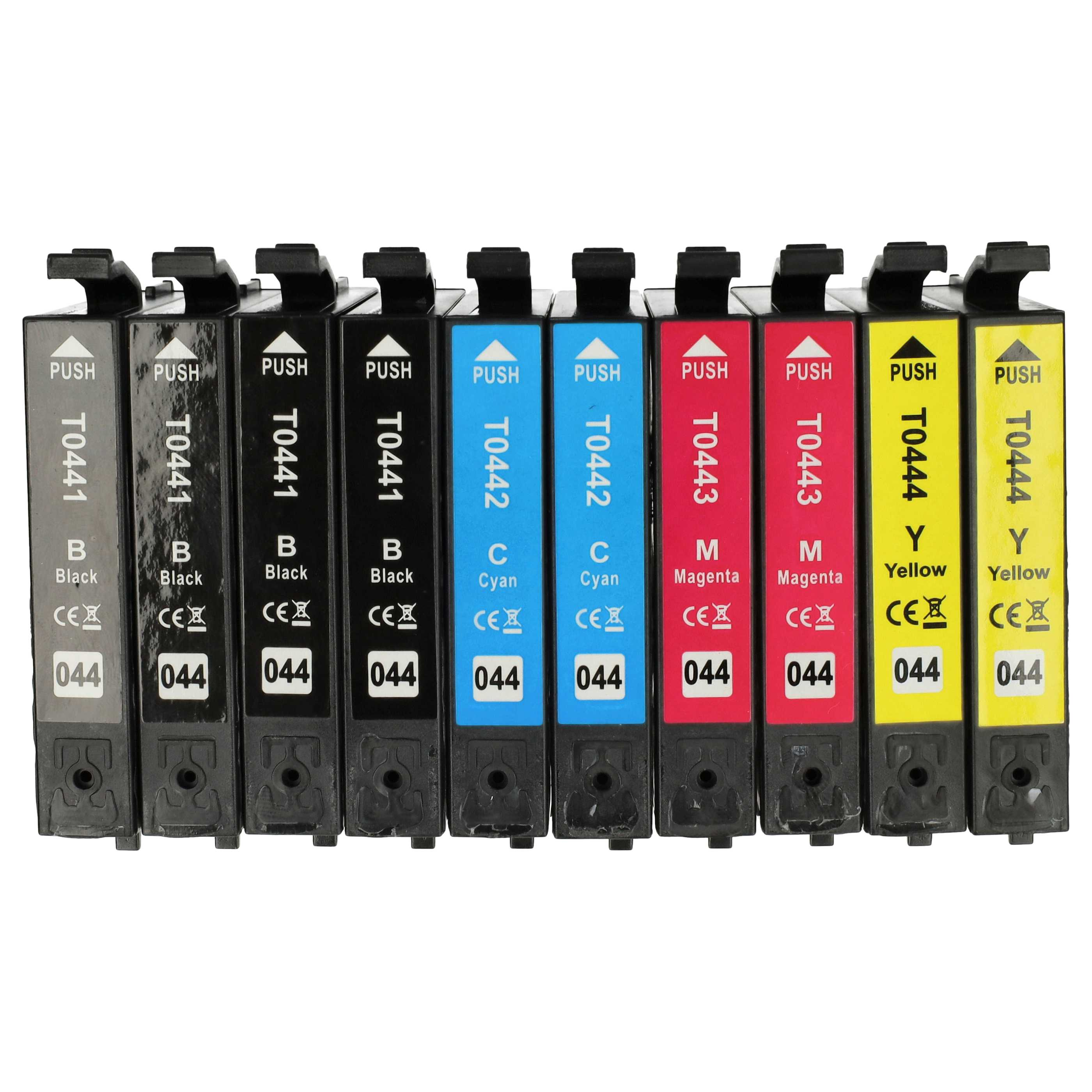 Zehn Tintenpatronen in den Farben Schwarz, Cyan, Magenta und Gelb stehen nebeneinander.