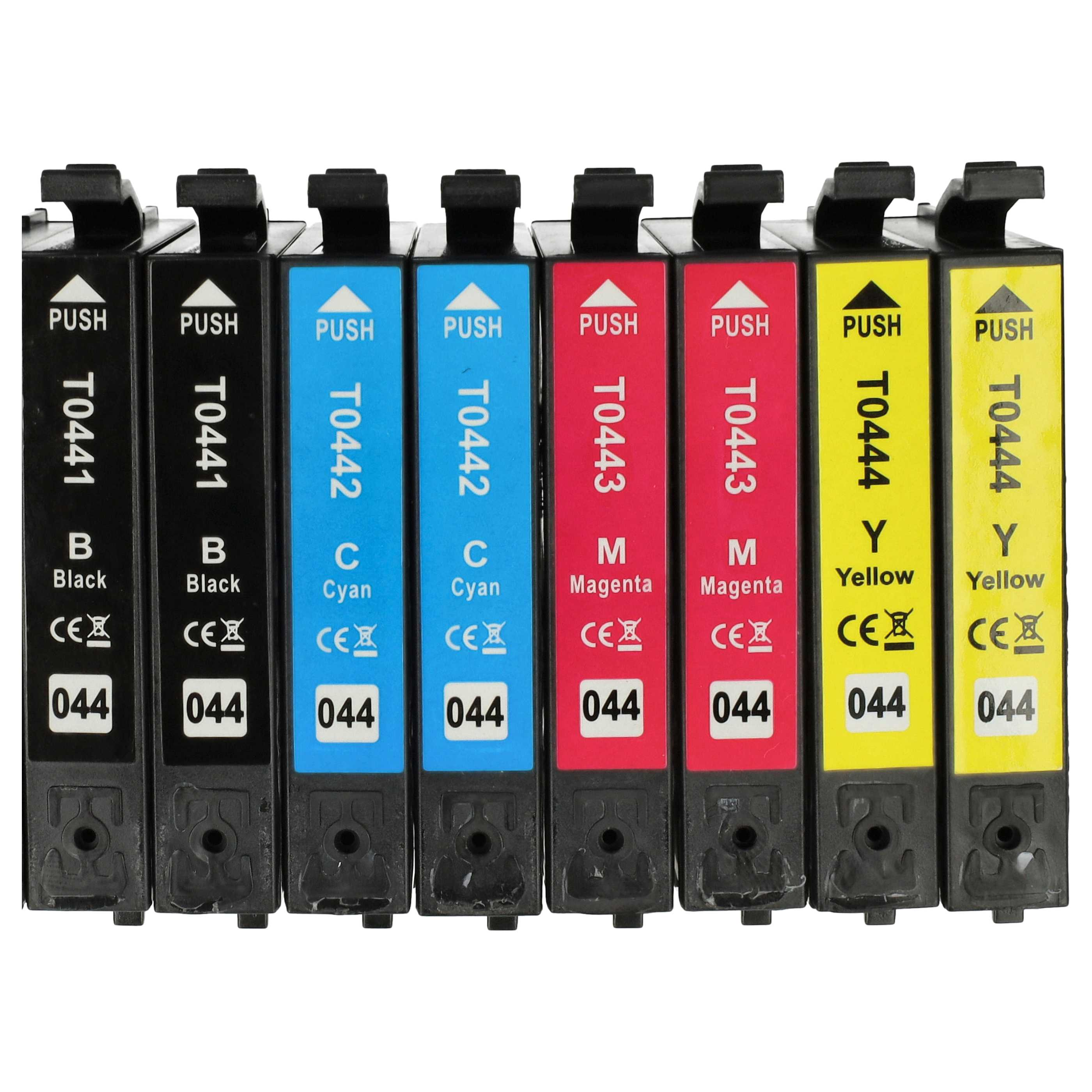 Acht Tintenpatronen in Schwarz, Cyan, Magenta und Gelb mit der Aufschrift T0441-T0444 in einer Reihe.