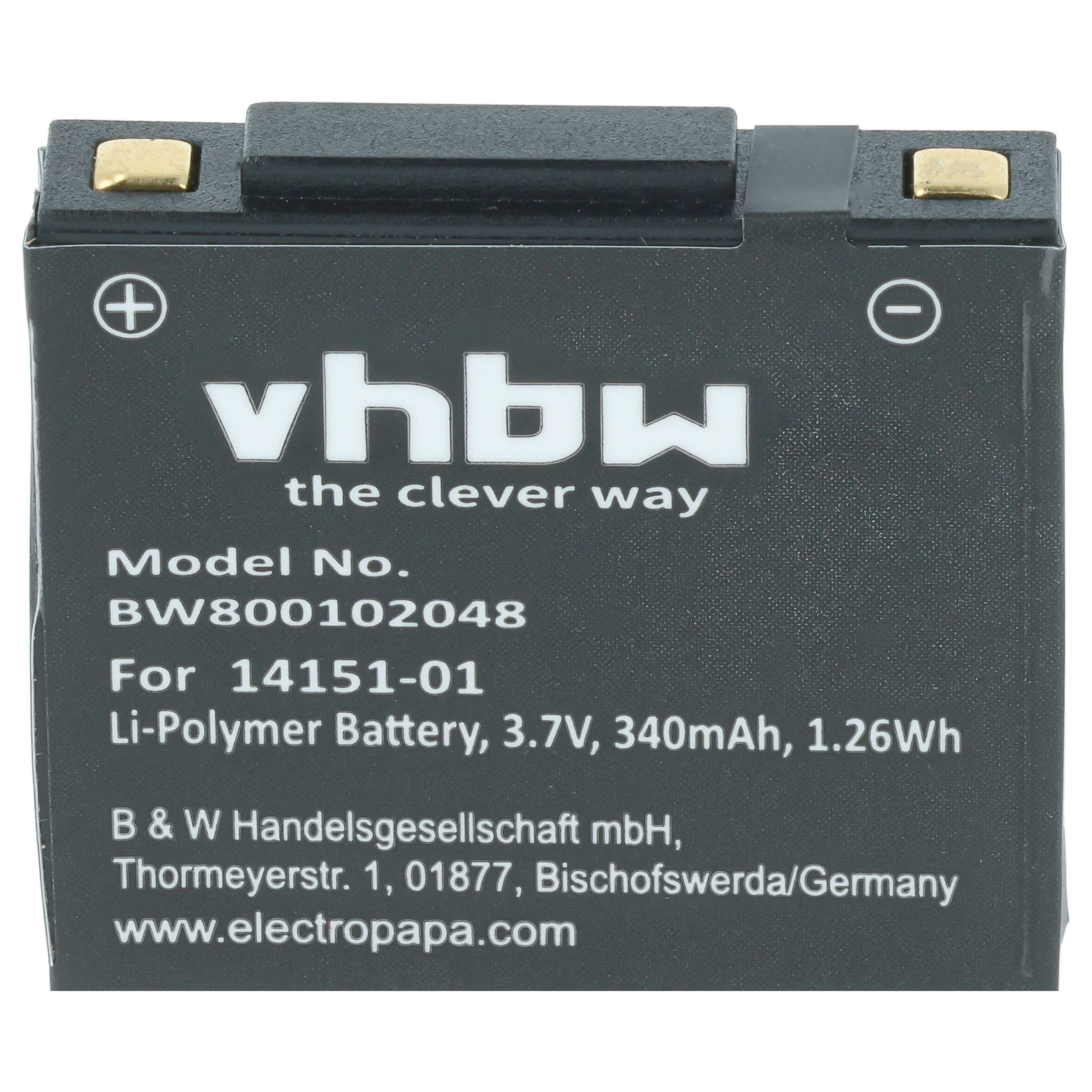 Grauer Li-Polymer-Akku mit vhbw-Logo, 3,7V, 340mAh, mit Modellnummer und Herstellerangaben auf der Vorderseite.
