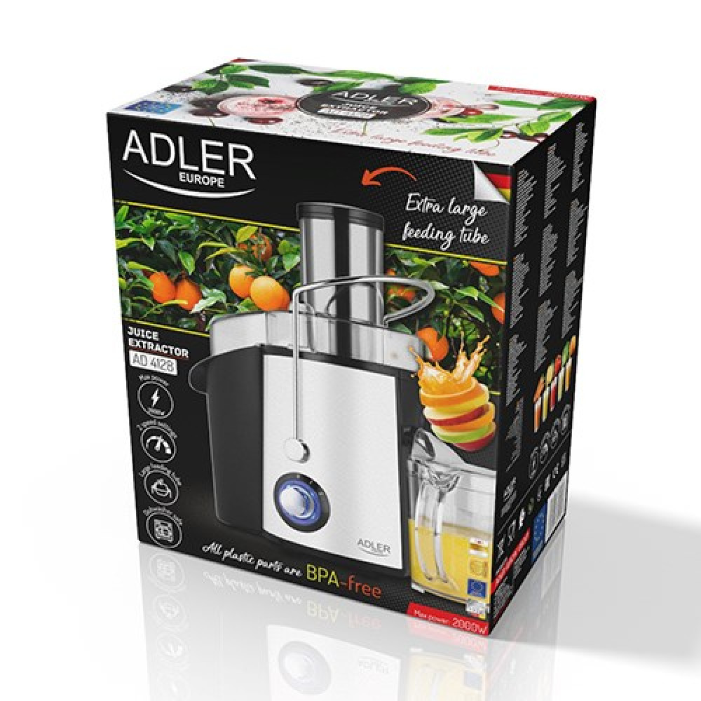Opakowanie sokowirówki Adler Juice Extractor AD 4128 z wizerunkiem świeżych owoców i dzbanka.