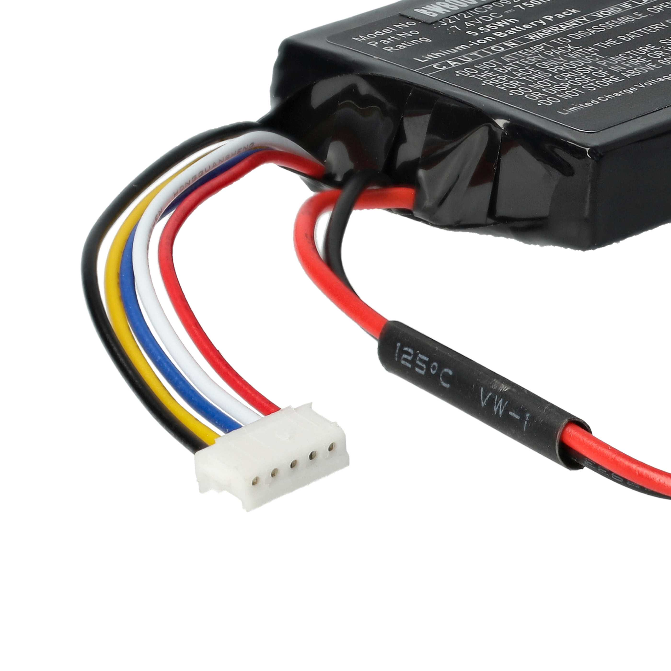Ein schwarzer Lithium-Ionen-Akku mit farbigen Kabeln, die zu einem weißen Stecker führen.