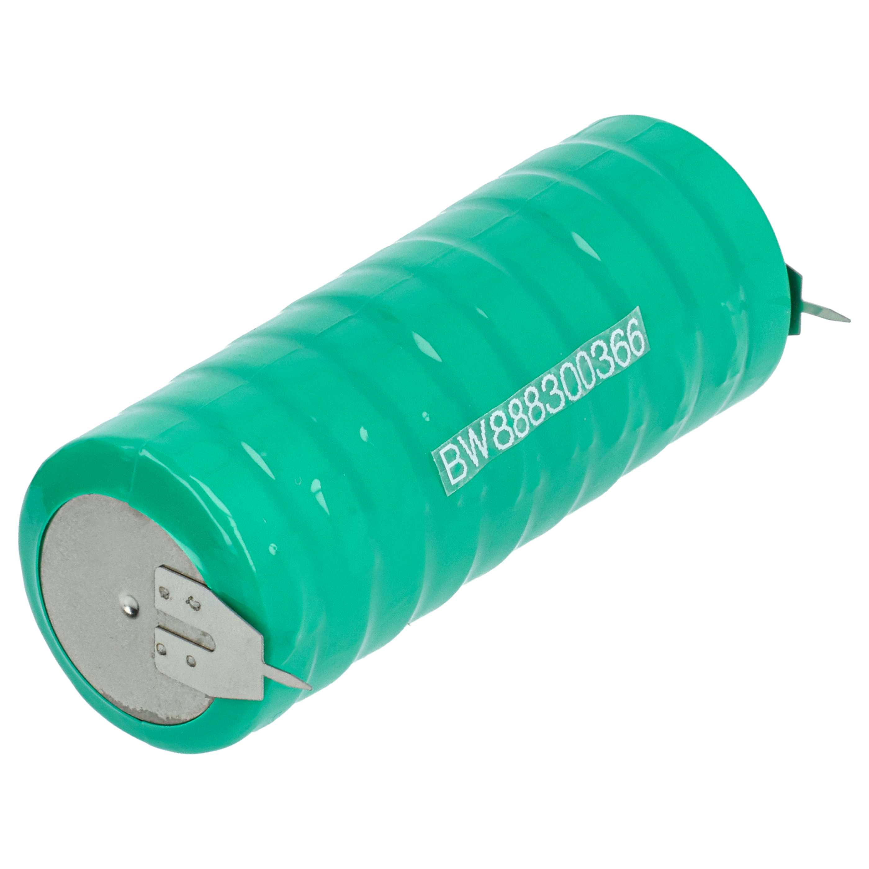 Grüner zylindrischer Akku mit Metallkontakten an den Enden und aufgedrucktem Code BW888300366.
