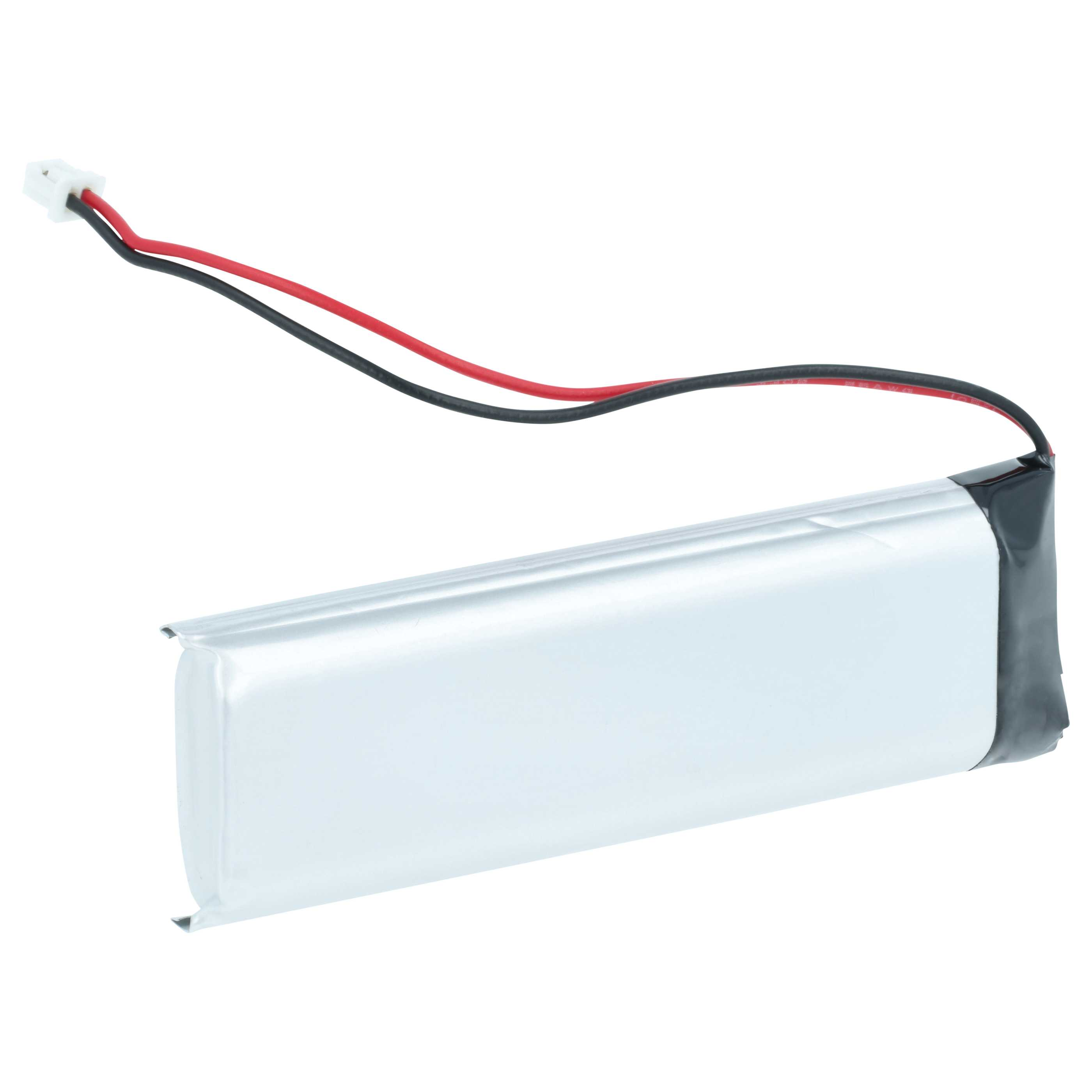 Eine rechteckige, silberne LiPo-Batterie mit roten und schwarzen Kabeln, die in einem weißen Stecker enden.