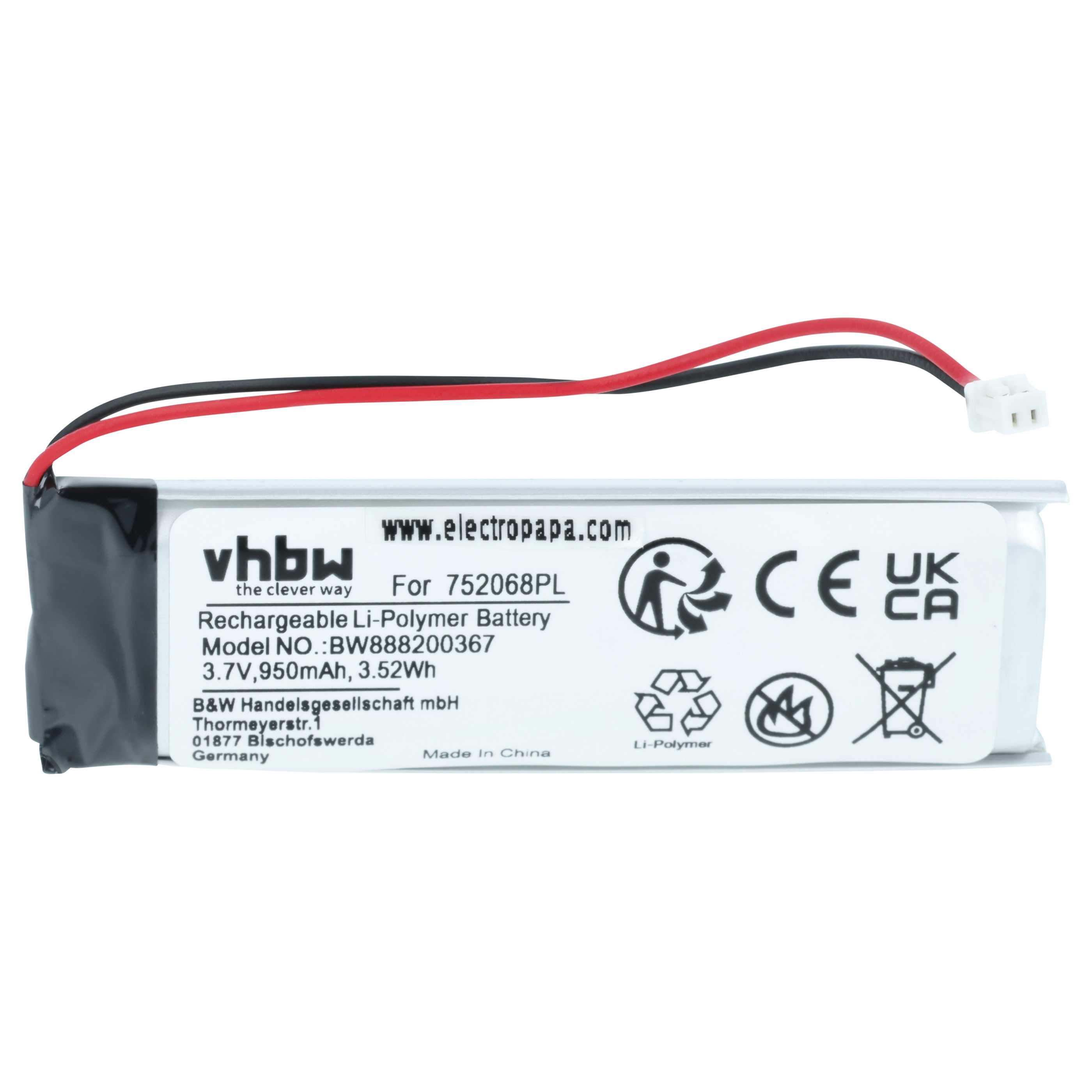 Wiederaufladbare Li-Polymer-Batterie von vhbw mit rotem und schwarzem Kabel und weißem Stecker auf weißem Hintergrund.