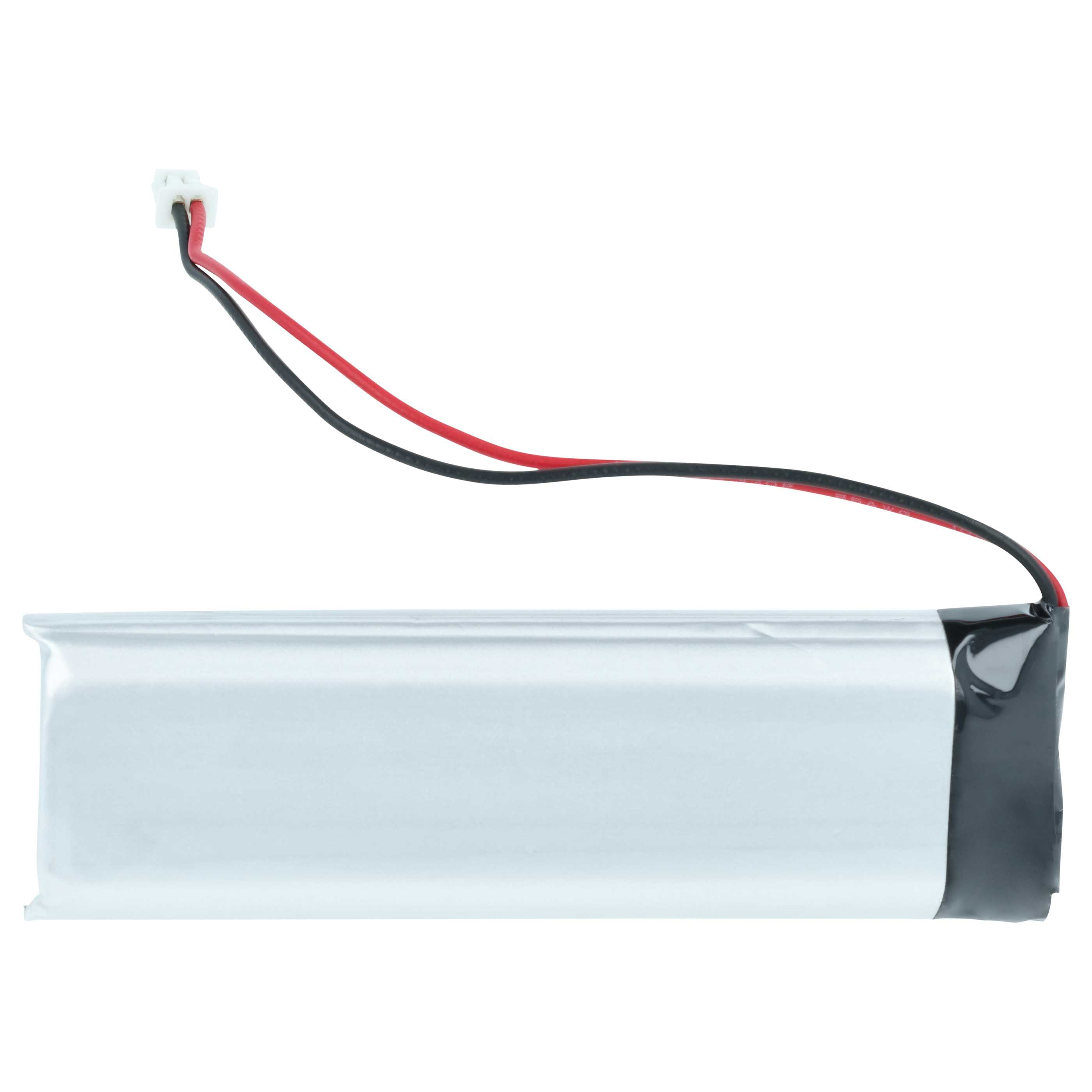 Eine rechteckige, silberne LiPo-Batterie mit schwarzen und roten Kabeln, die in einem weißen Stecker enden.