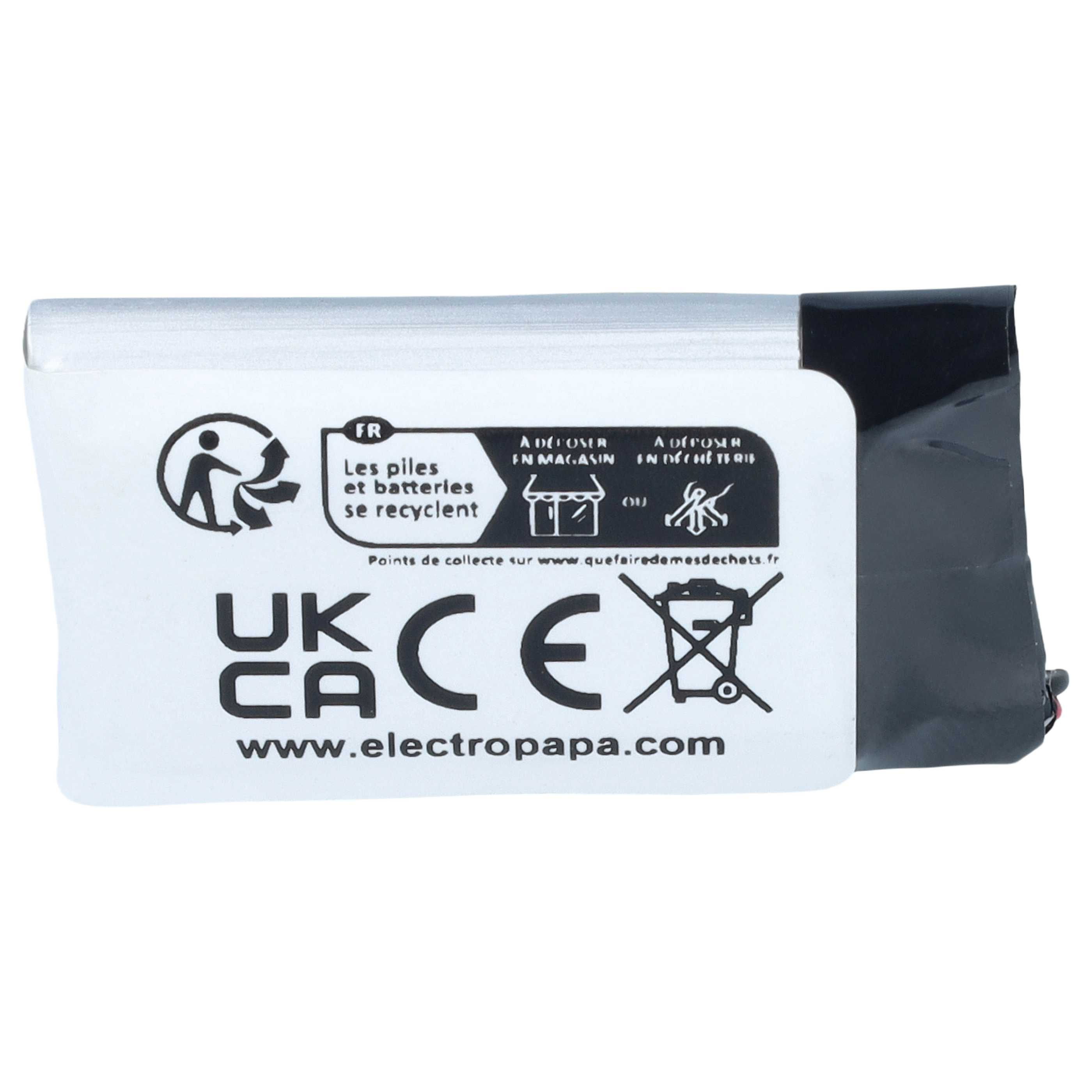 Akku mit Recycling-Symbolen, CE-Kennzeichnung und der Aufschrift electropapa.com.