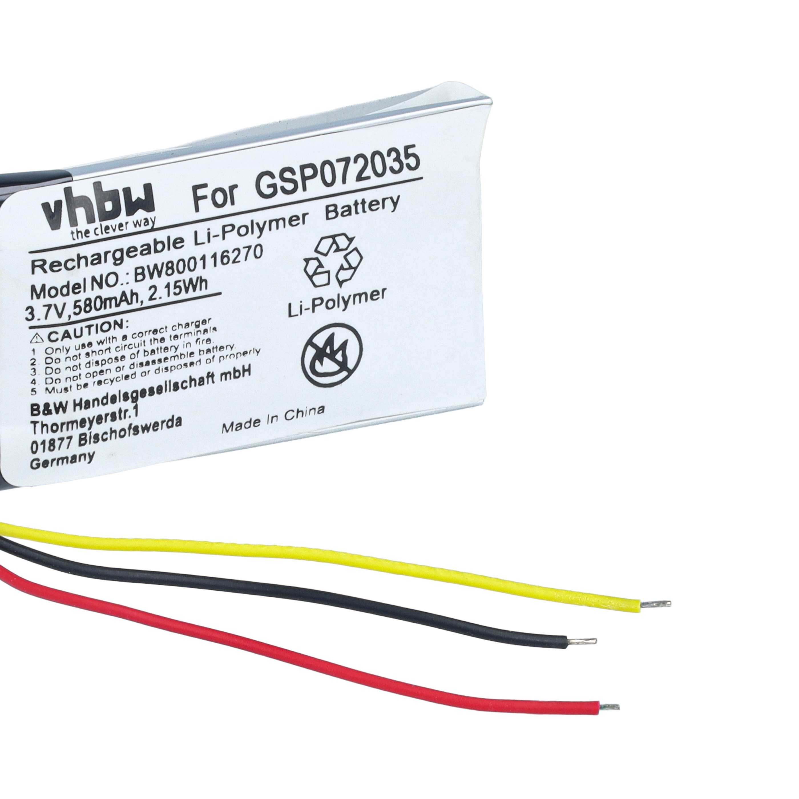 Li-Polymer-Akku mit gelben, schwarzen und roten Kabeln und gedruckten technischen Daten.