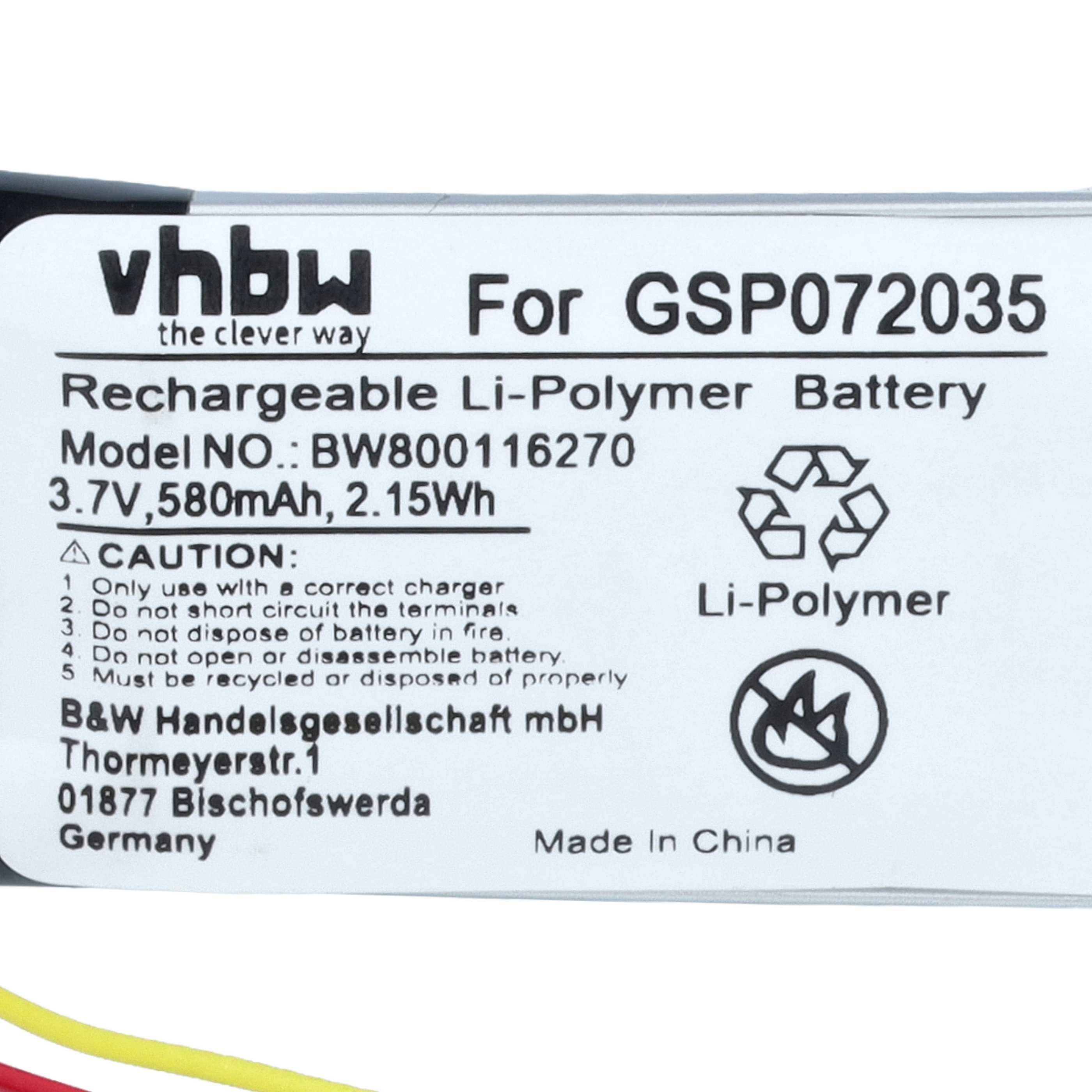 Batterieetikett mit Vhbw-Logo, Modellnummer, technischen Daten und Sicherheitshinweisen.