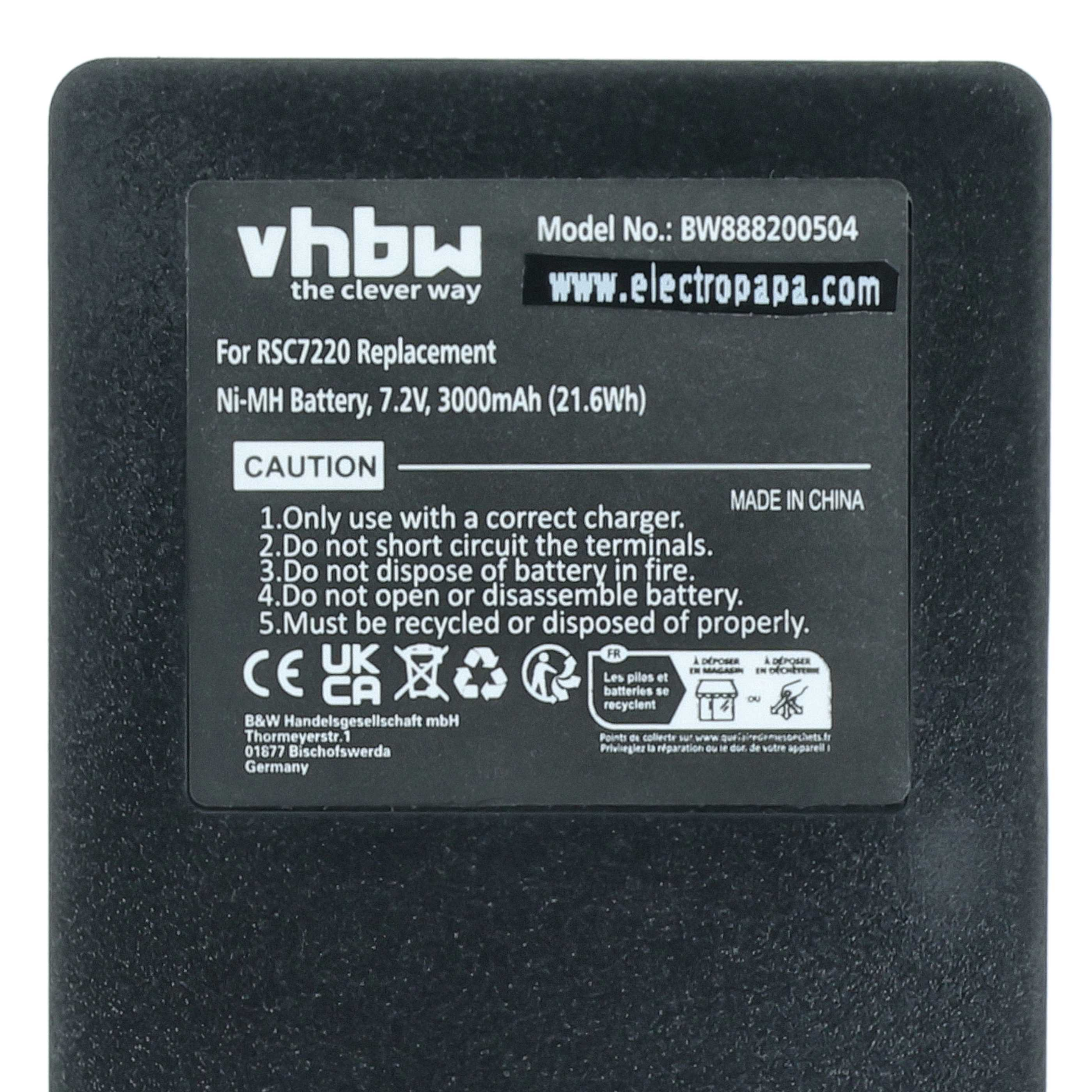 Schwarzes Etikett auf schwarzem Gehäuse mit weißem Vhbw-Logo, Technischen Daten und Warnhinweisen.