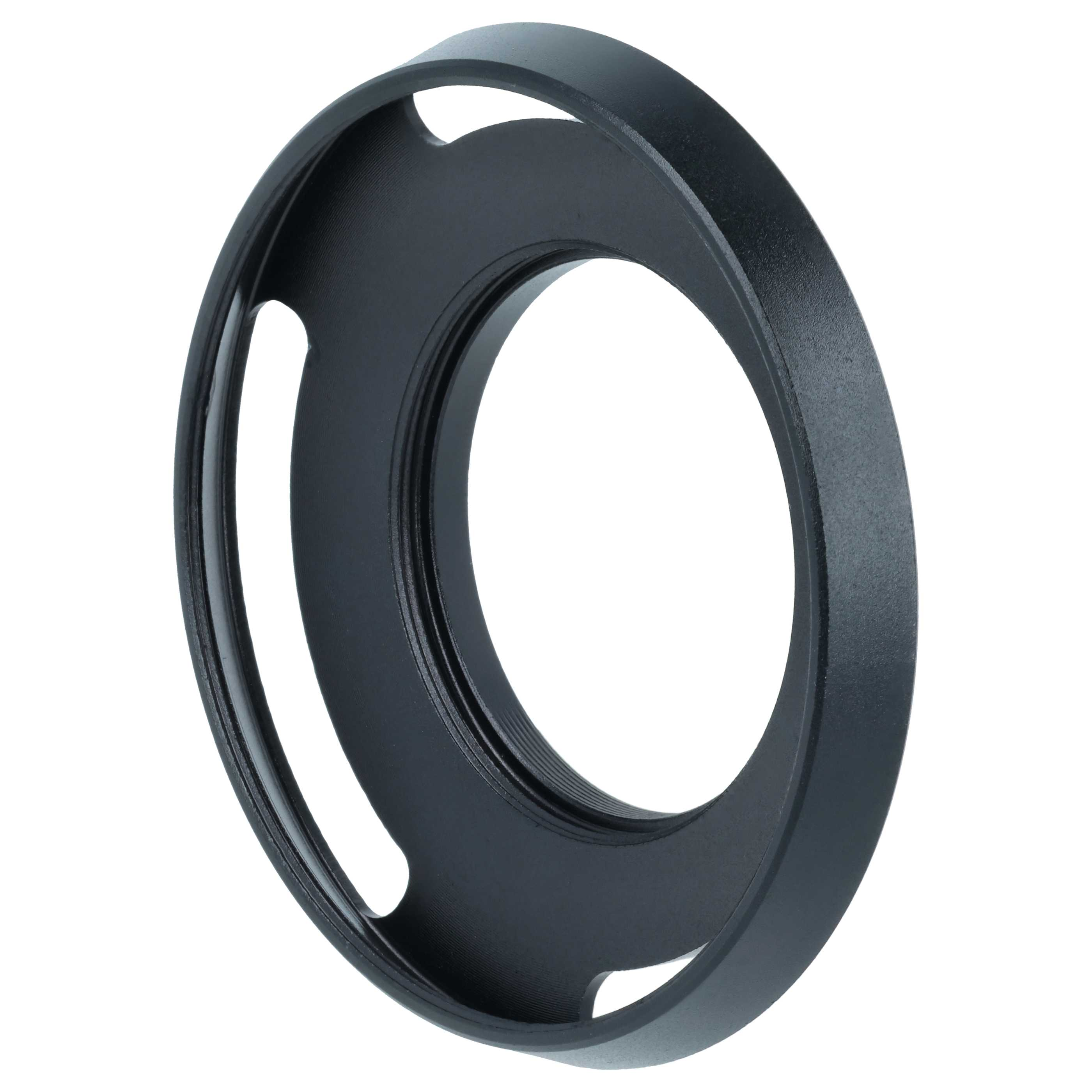 Schwarze, runde Metall-Gegenlichtblende mit Fenstern vor weißem Hintergrund.