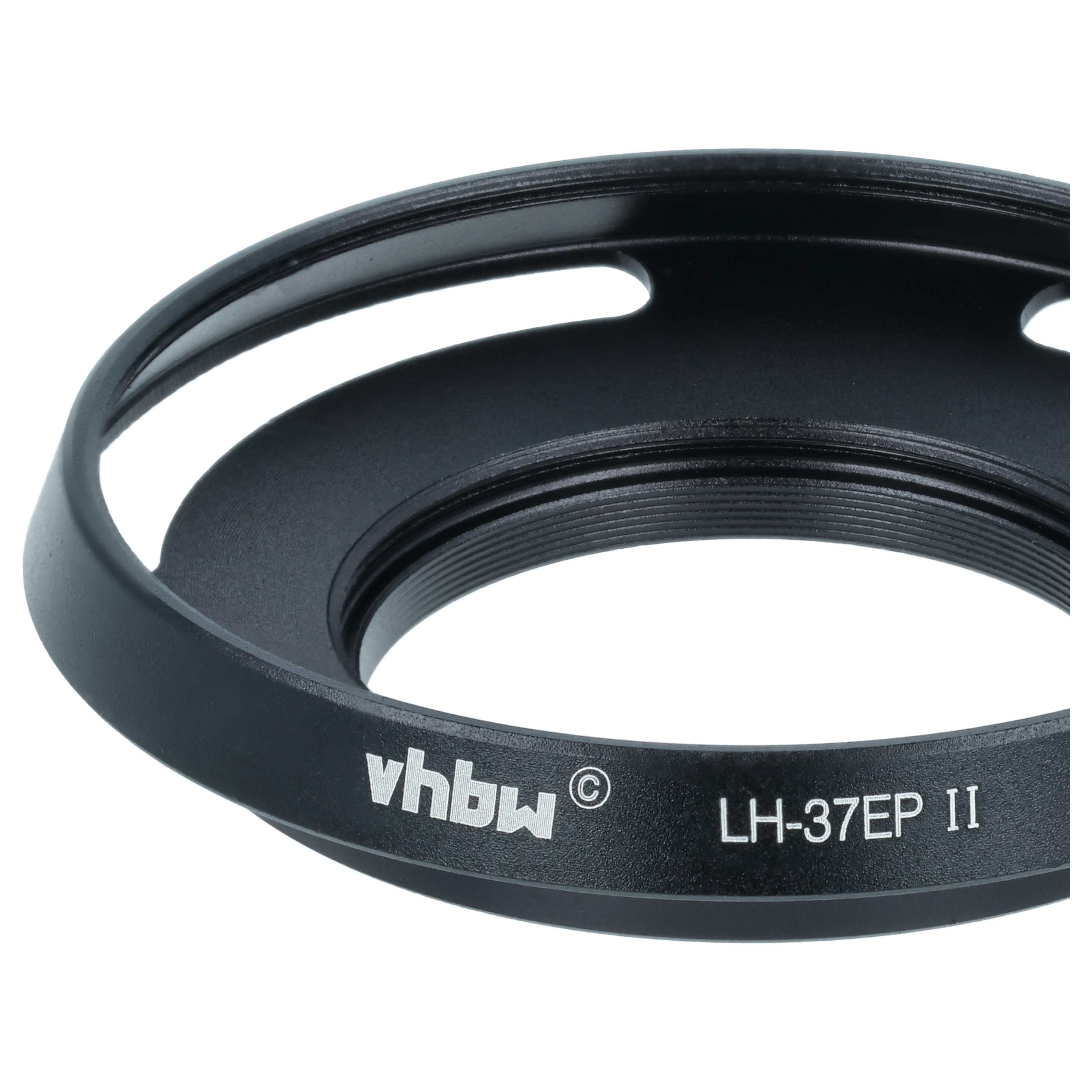 Schwarze Kamera-Gegenlichtblende mit der Aufschrift vhbw LH-37EP II gegen weißen Hintergrund.