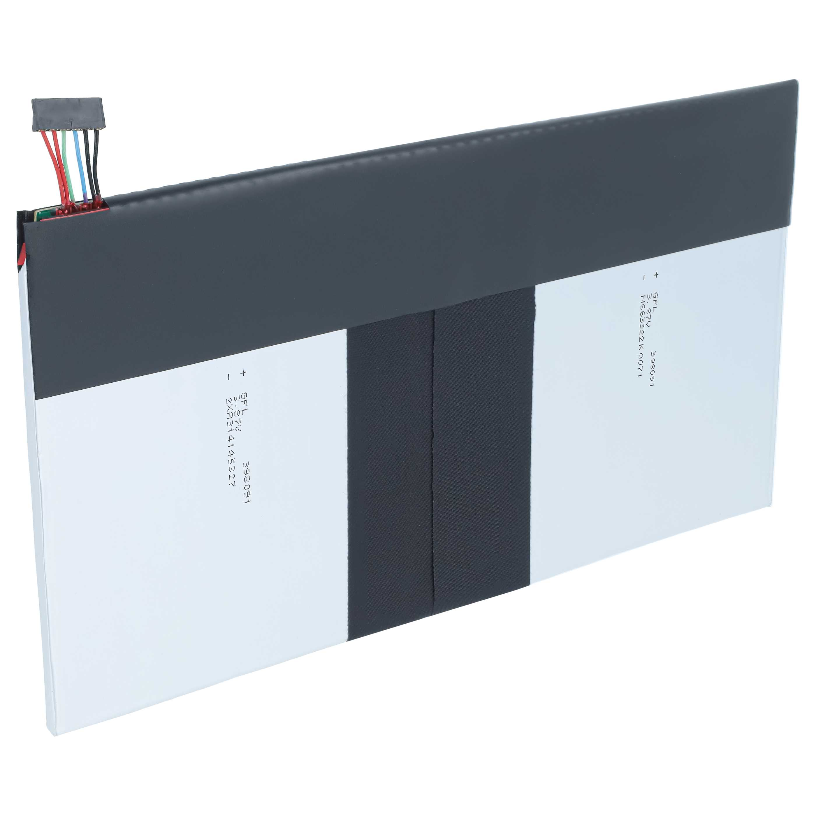 Ein flacher, rechteckiger Lithium-Polymer-Akku mit schwarzer Folie, weißem Gehäuse und einem kleinen bunten Kabel.