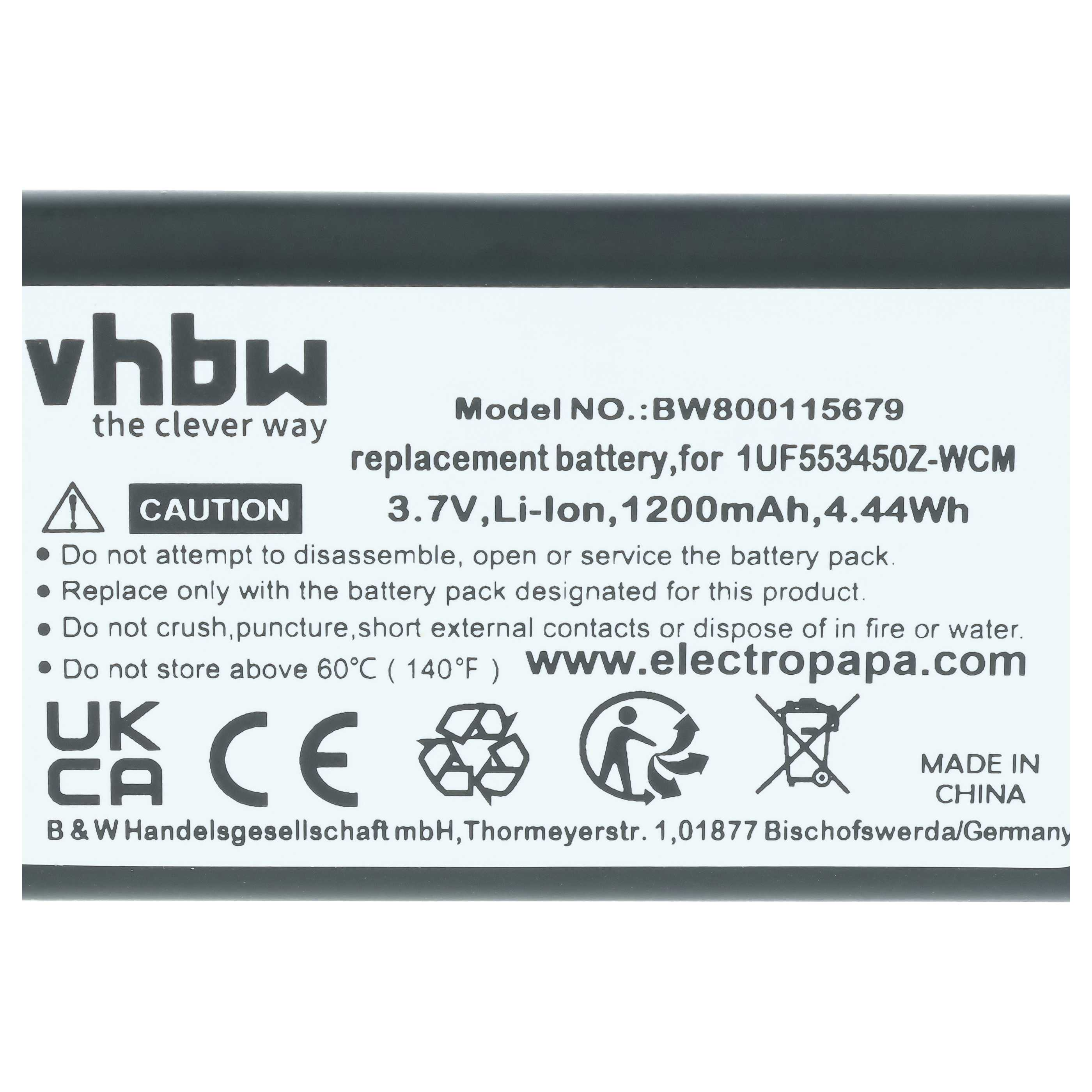 Label einer vhbw Ersatzbatterie mit Spezifikationen, Warnungen und CE-Kennzeichnung.