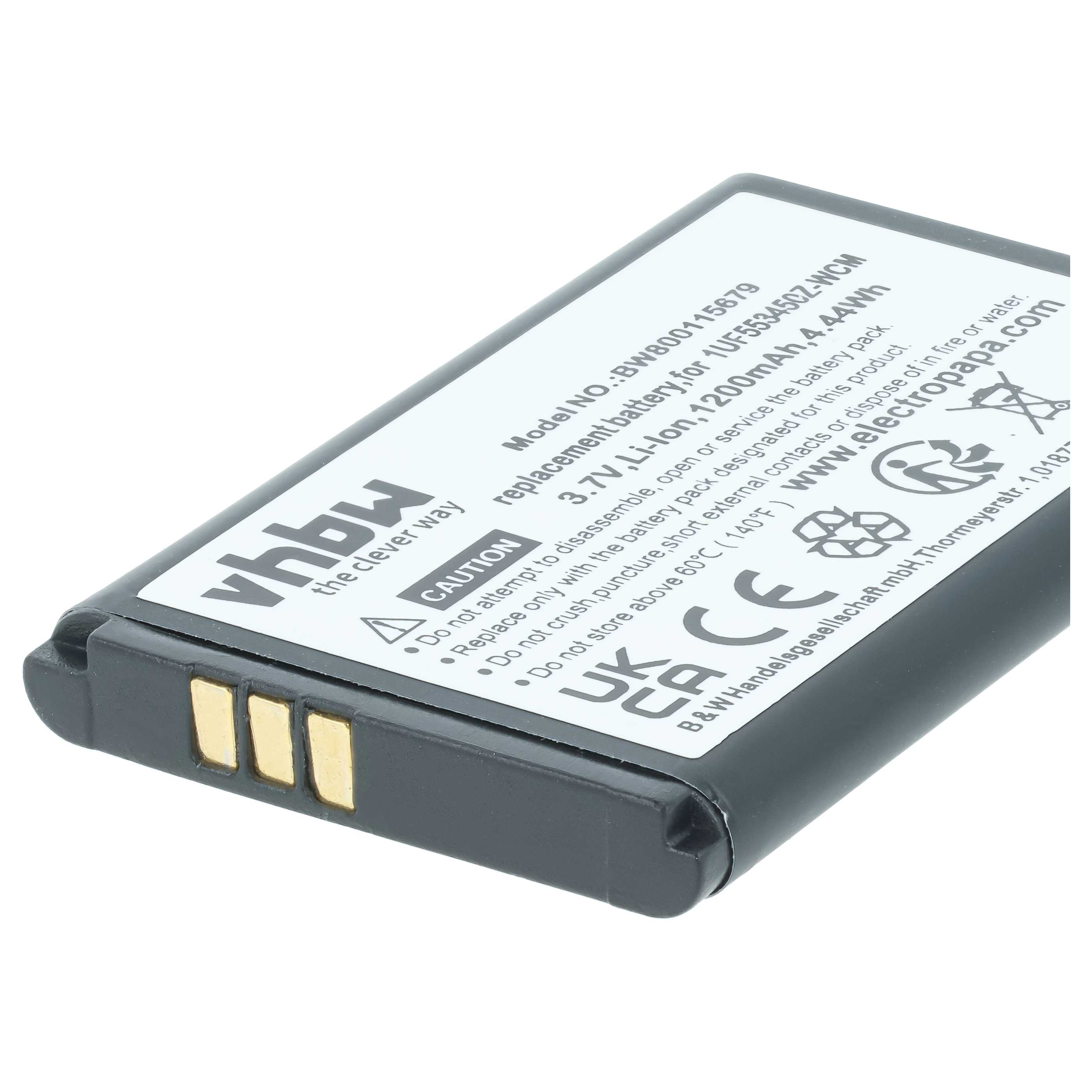 Ein schwarzer Lithium-Ionen-Akku mit gedruckten Sicherheitshinweisen und goldenen Kontakten.