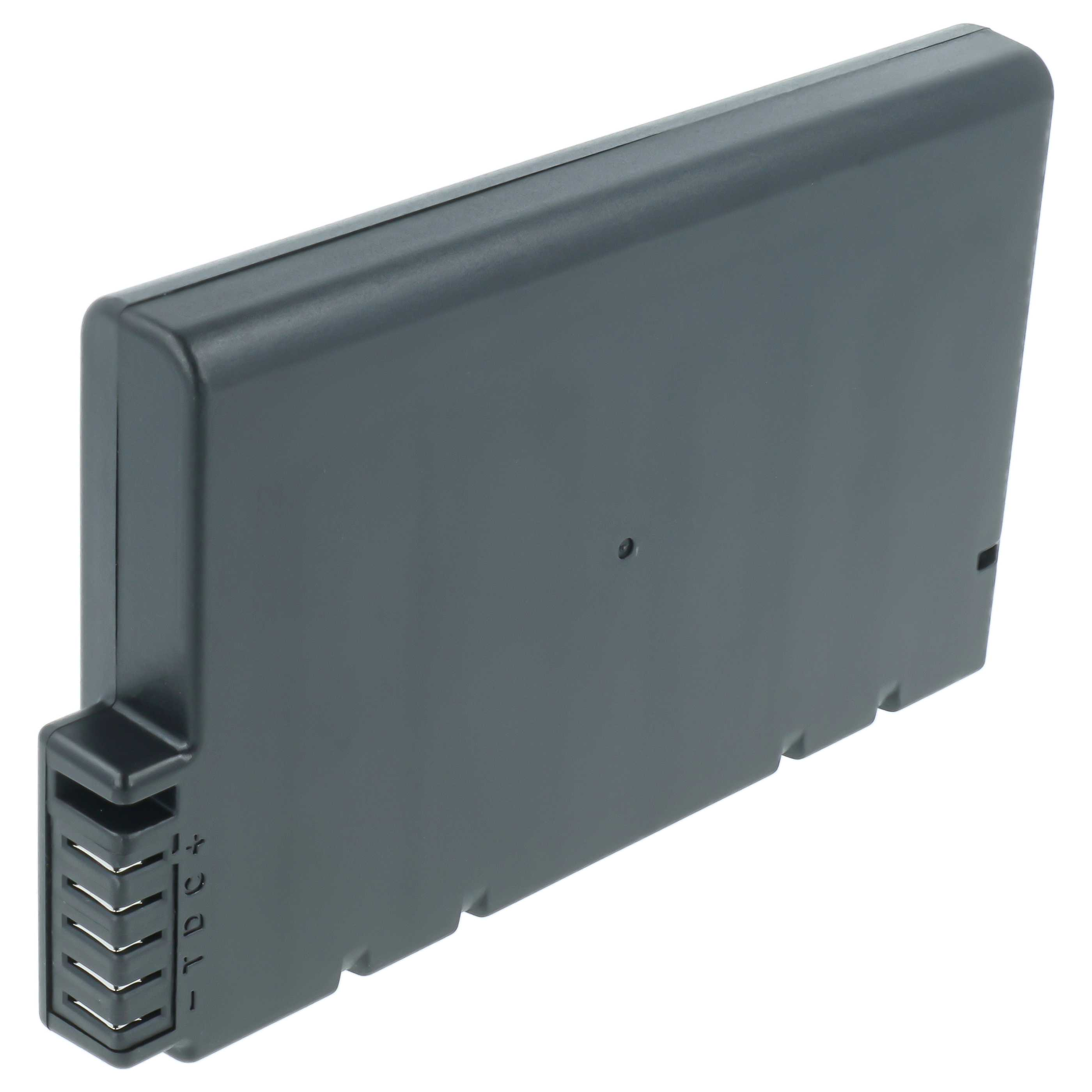 Schwarzes, rechteckiges elektronisches Gerät mit metallischen Pins und Markierungen an der Seite vor weißem Hintergrund.