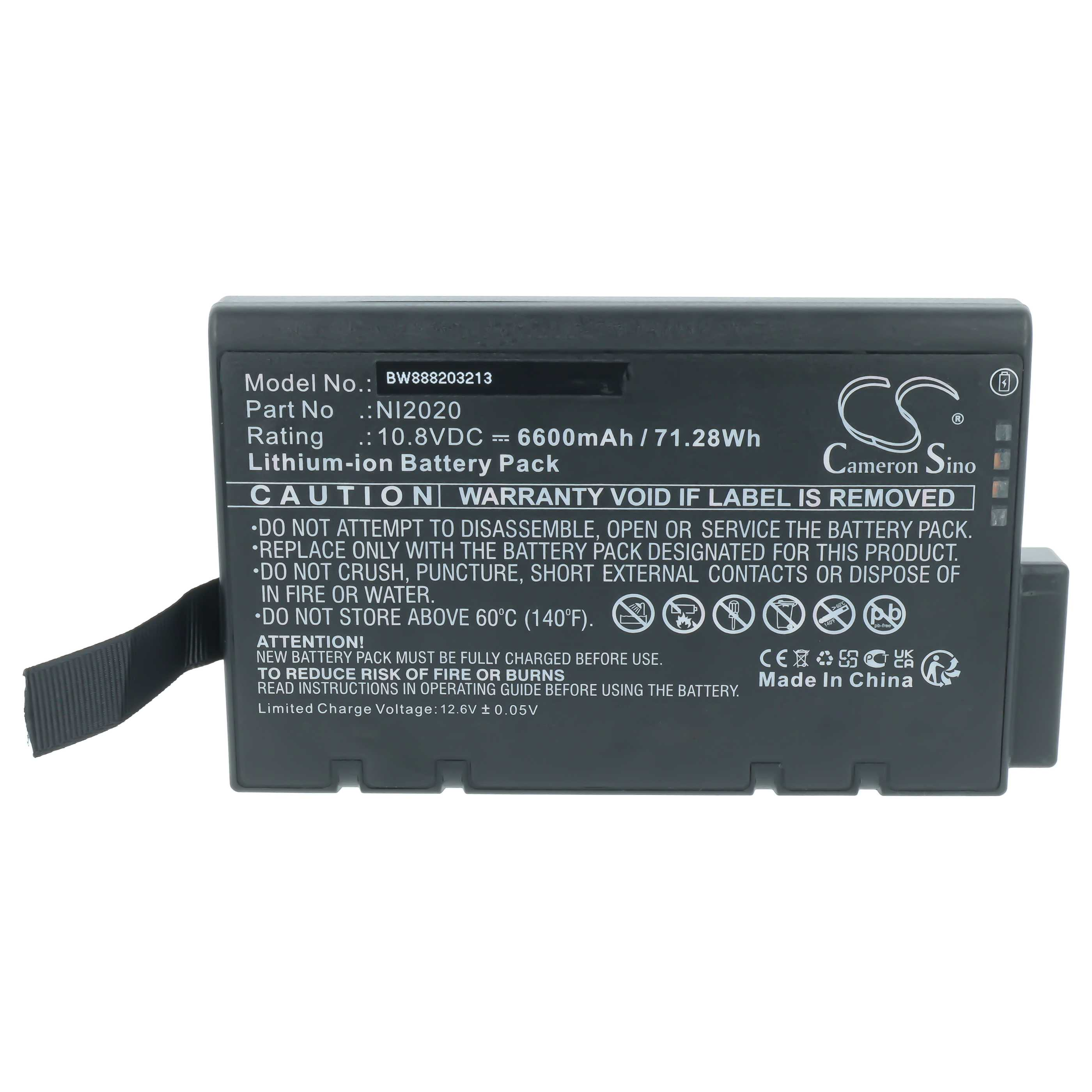 Ein grauer Cameron Sino Lithium-Ionen-Akku mit technischen Daten und Sicherheitshinweisen auf dem Etikett.
