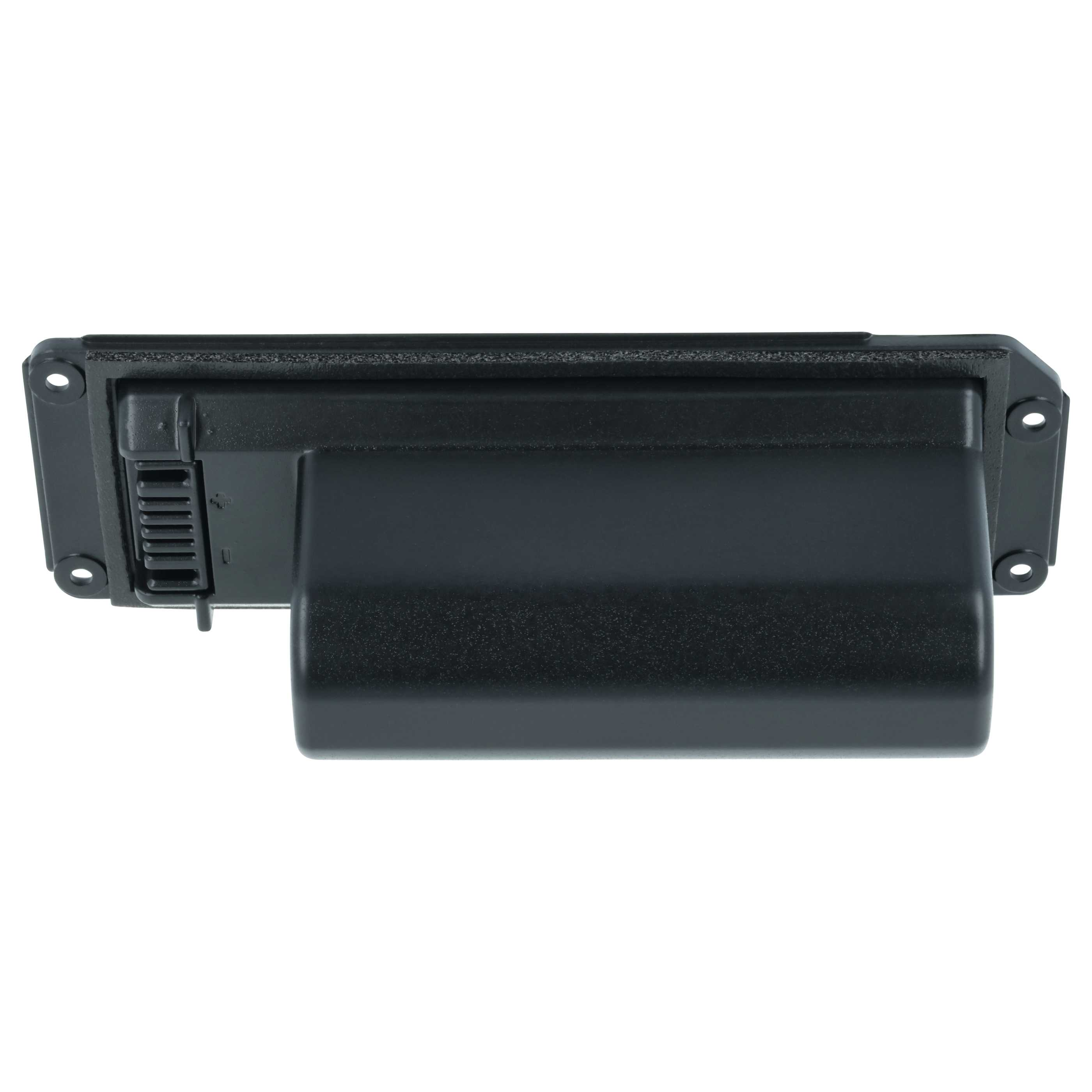 Ein schwarzes rechteckiges Elektronikgehäuse mit Montageflanschen.