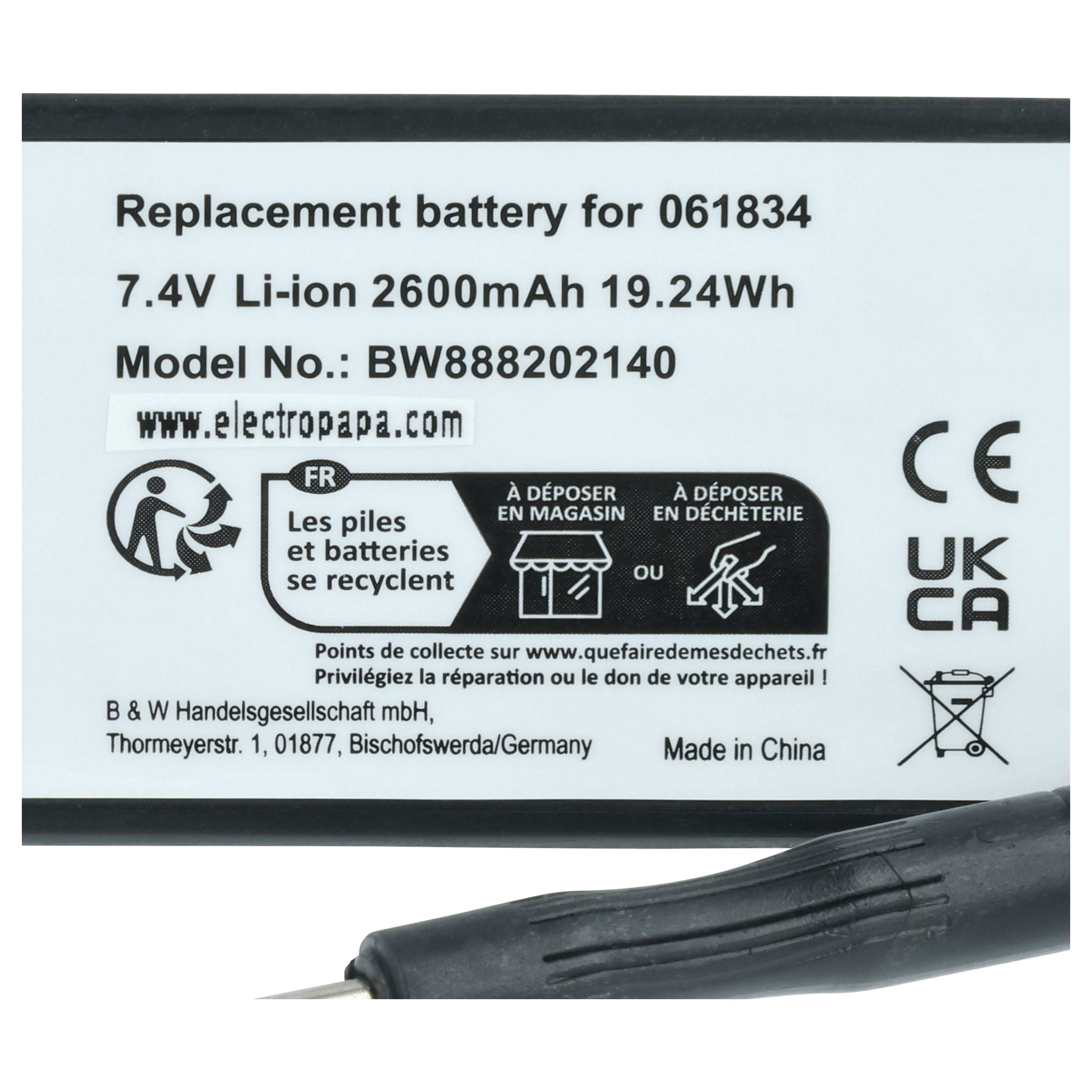 Etikett einer Ersatzbatterie mit technischen Daten und Recycling-Symbolen.