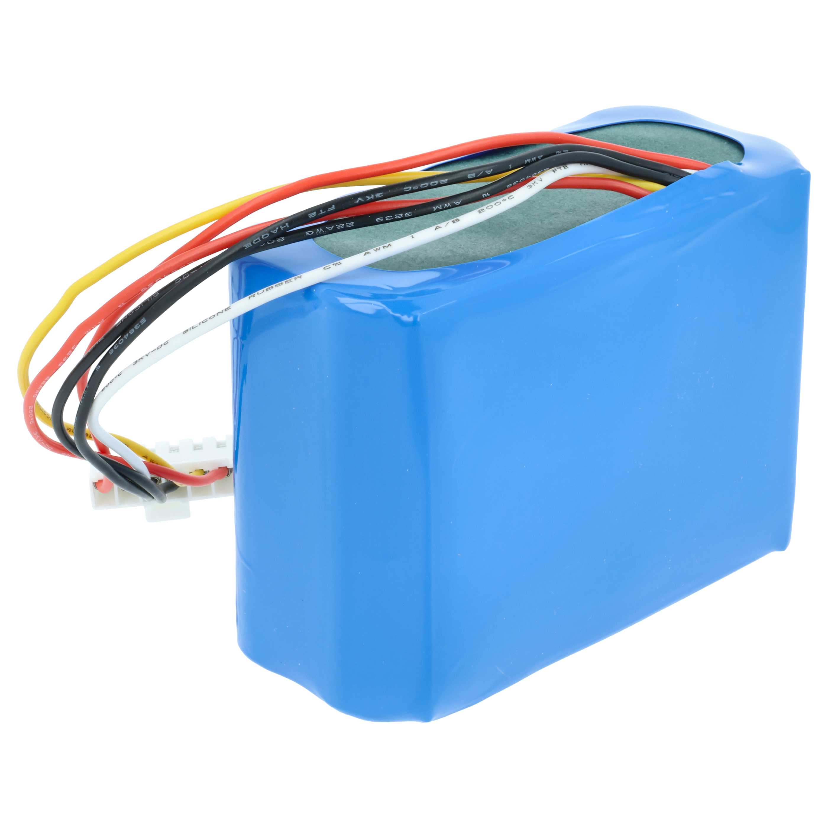 Ein blauer Lithium-Akku mit bunten Kabeln und einem weißen Stecker auf weißem Hintergrund.