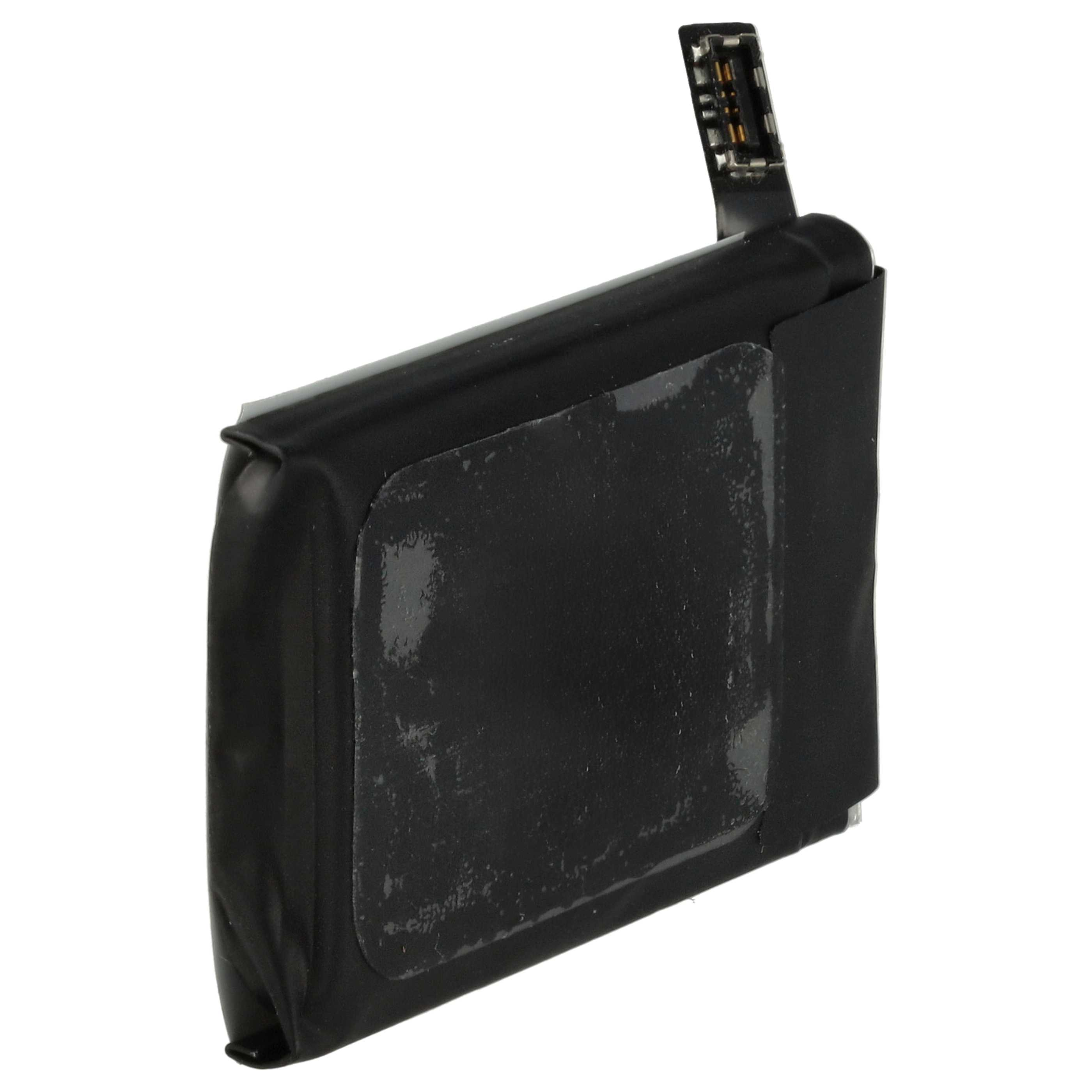 Eine schwarze Lithium-Ionen-Batterie mit einem freiliegenden Steckverbinder oben gegen einen weißen Hintergrund.