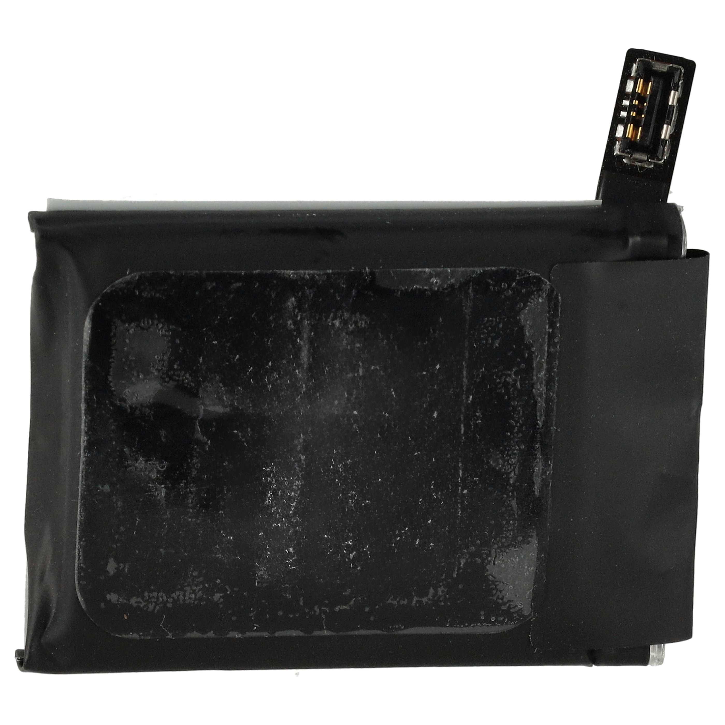 Eine schwarze, rechteckige Smartphone-Batterie mit einem angeschlossenen Verbinderband auf weißem Hintergrund.