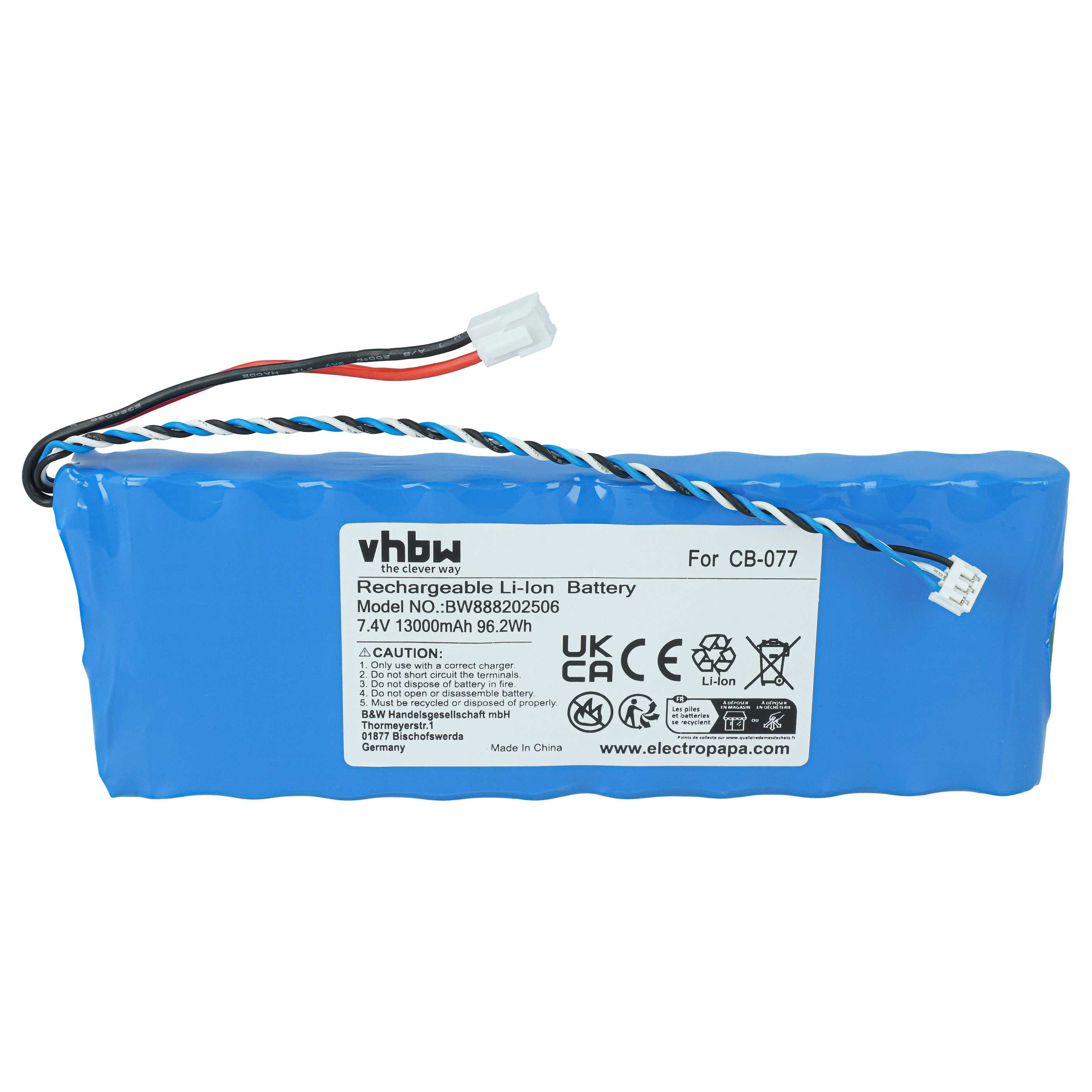 Ein blauer vhbw Li-Ion Akku mit weißer Aufschrift und zwei Kabeln mit Steckern auf einem weißen Hintergrund.