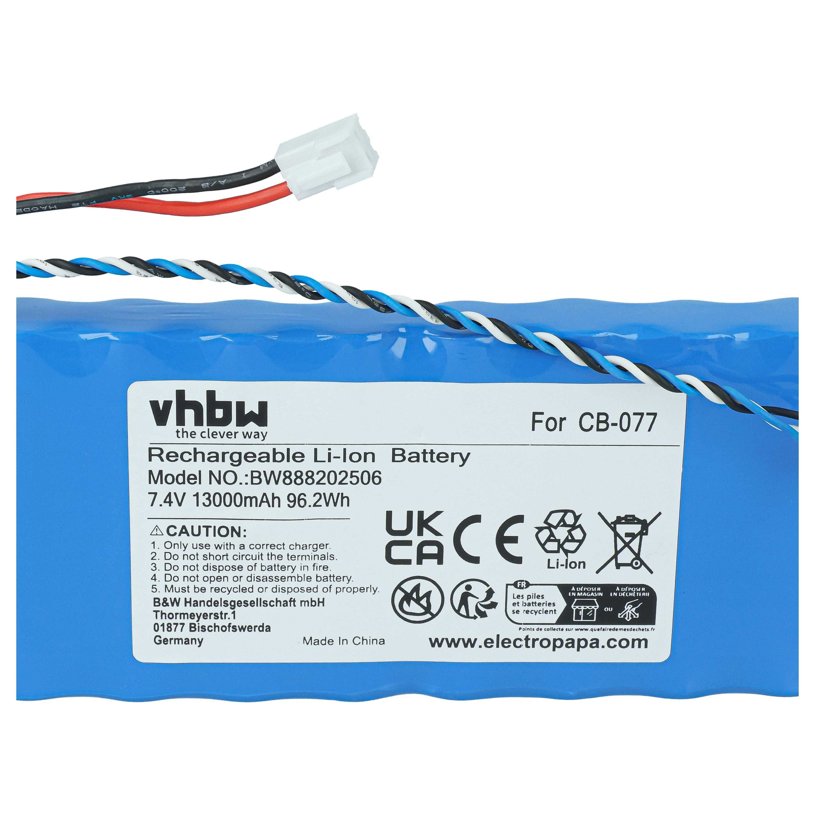 Blaue wiederaufladbare Lithium-Ionen-Batterie mit weißem Aufkleber, Kabeln und Steckern.