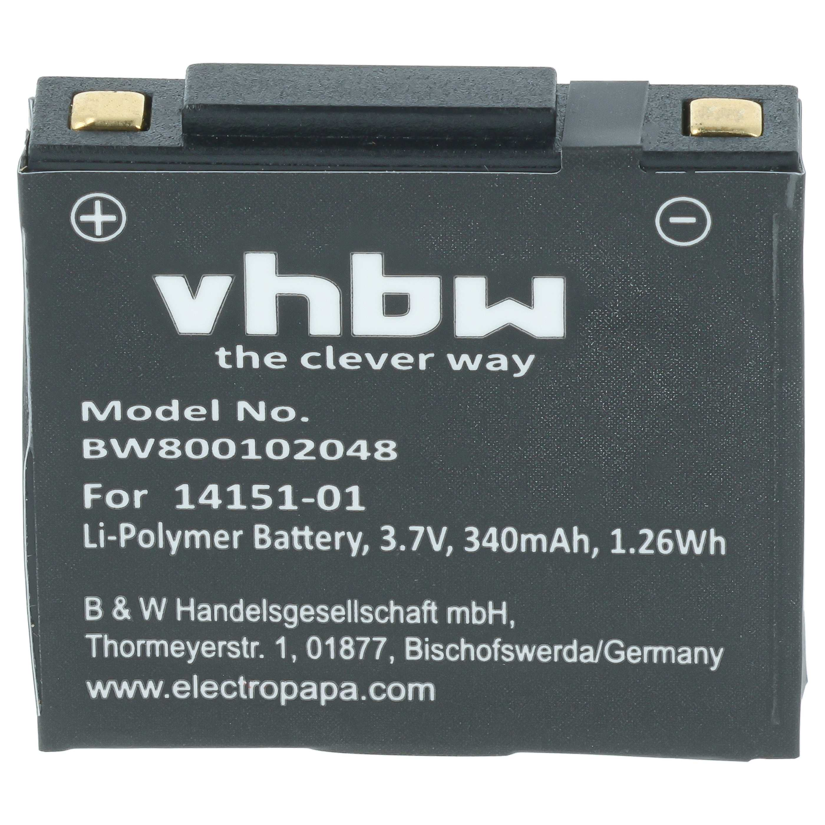 Schwarzer vhbw Li-Polymer Akku, 3.7V, 340mAh, mit Modellnummer und Kontakten.