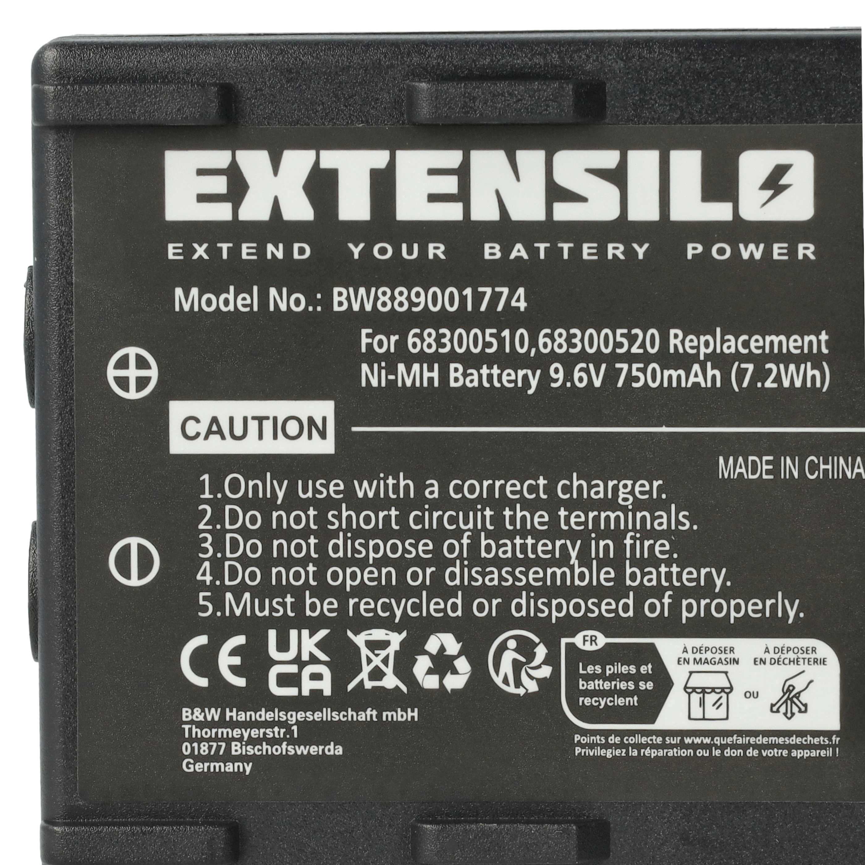 Extensilo Ersatzakku Etikett mit Warnhinweisen und technischen Daten.