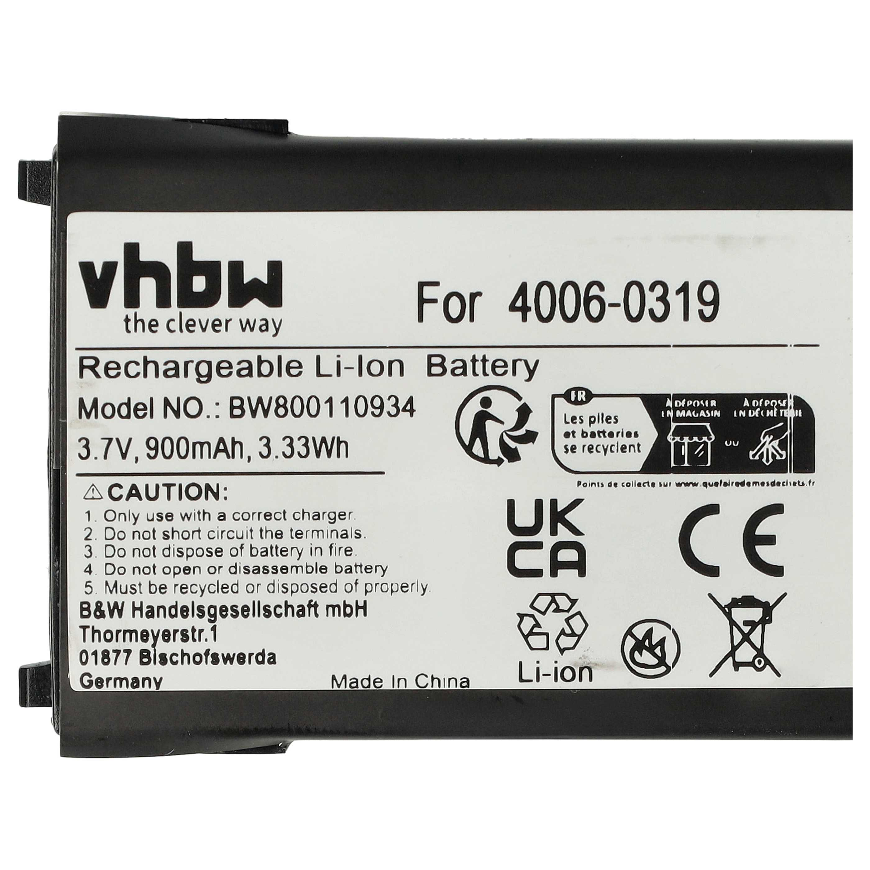 Schwarzer VHBW Li-Ion-Akku mit technischen Daten und Sicherheitshinweisen auf dem Etikett.