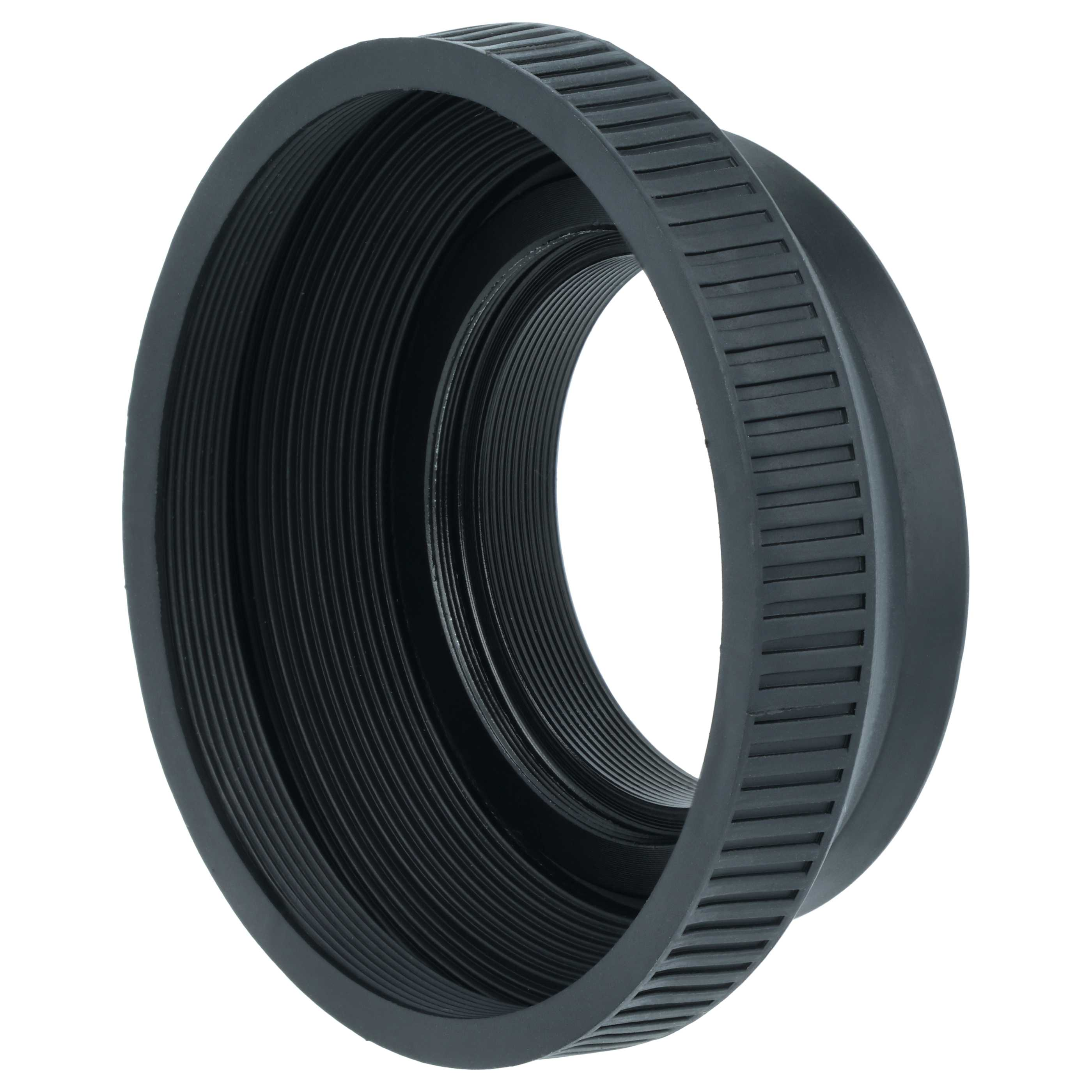 Schwarze Kameraobjektiv-Gegenlichtblende mit geripptem Ring auf weißem Hintergrund.