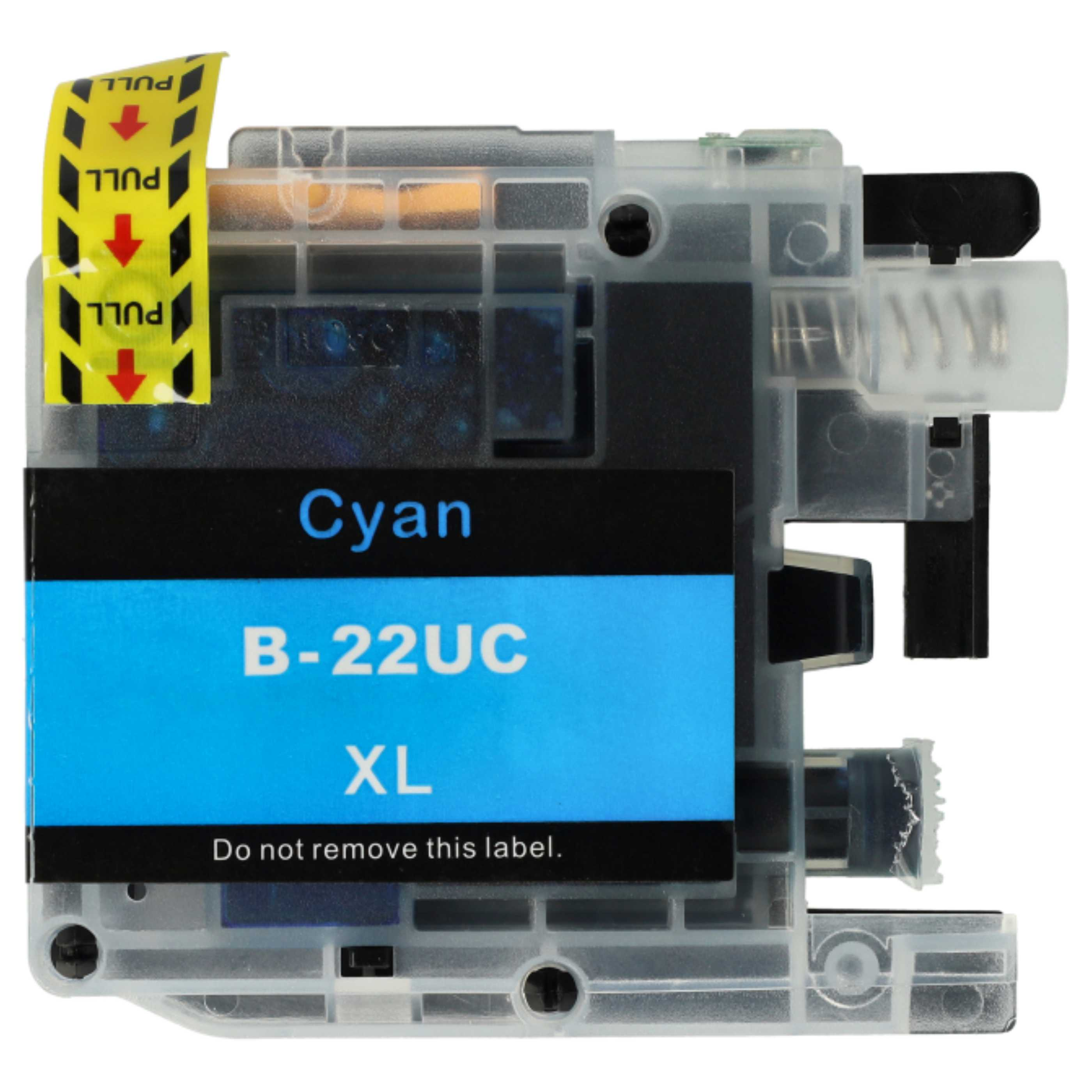 Cyanfarbene Druckerpatrone XL mit gelbem Ziehetikett oben links und Modell B-22UC.