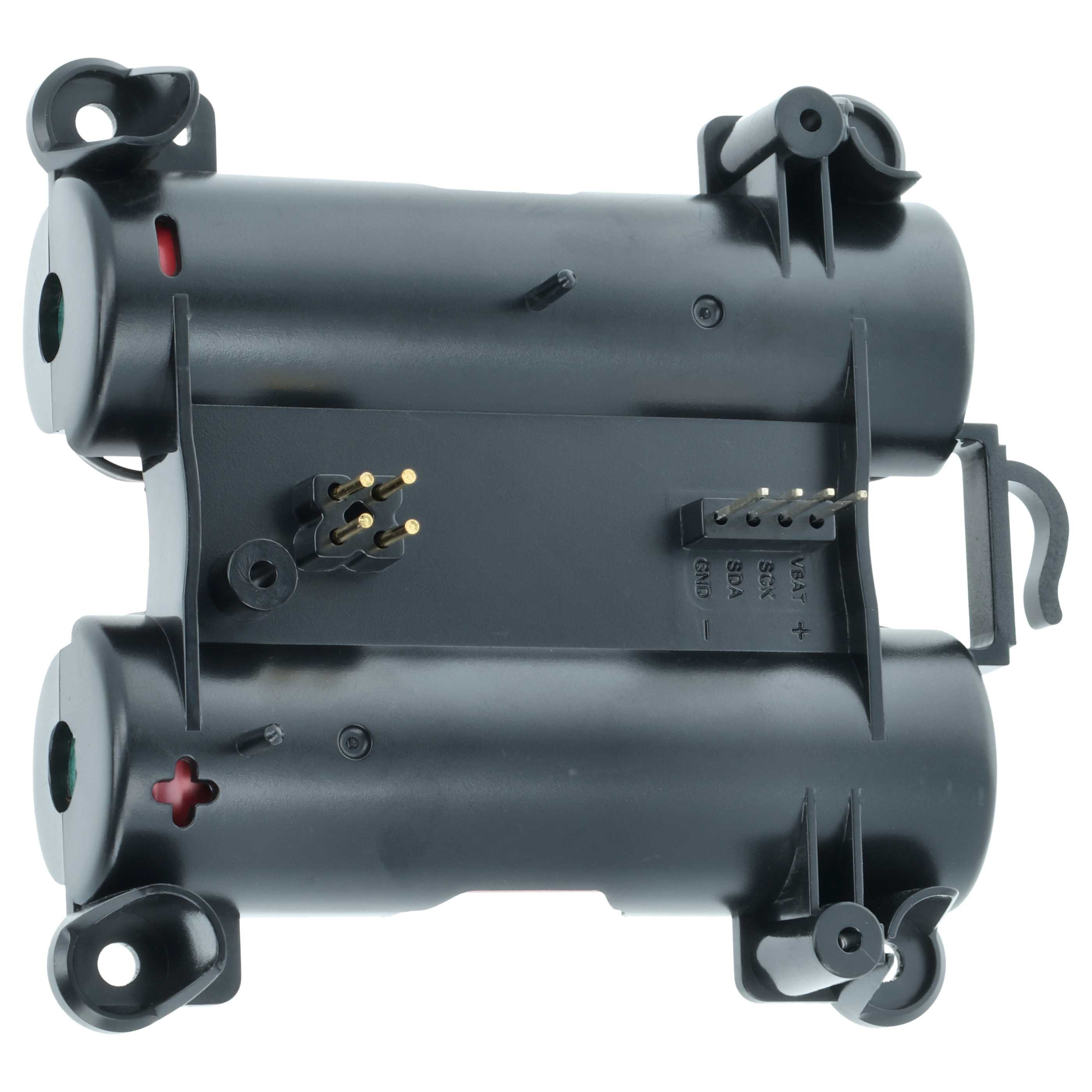 Schwarzer Batteriehalter mit zwei Zylindern, Anschlusskoffern und goldenen Pins vor weißem Hintergrund.