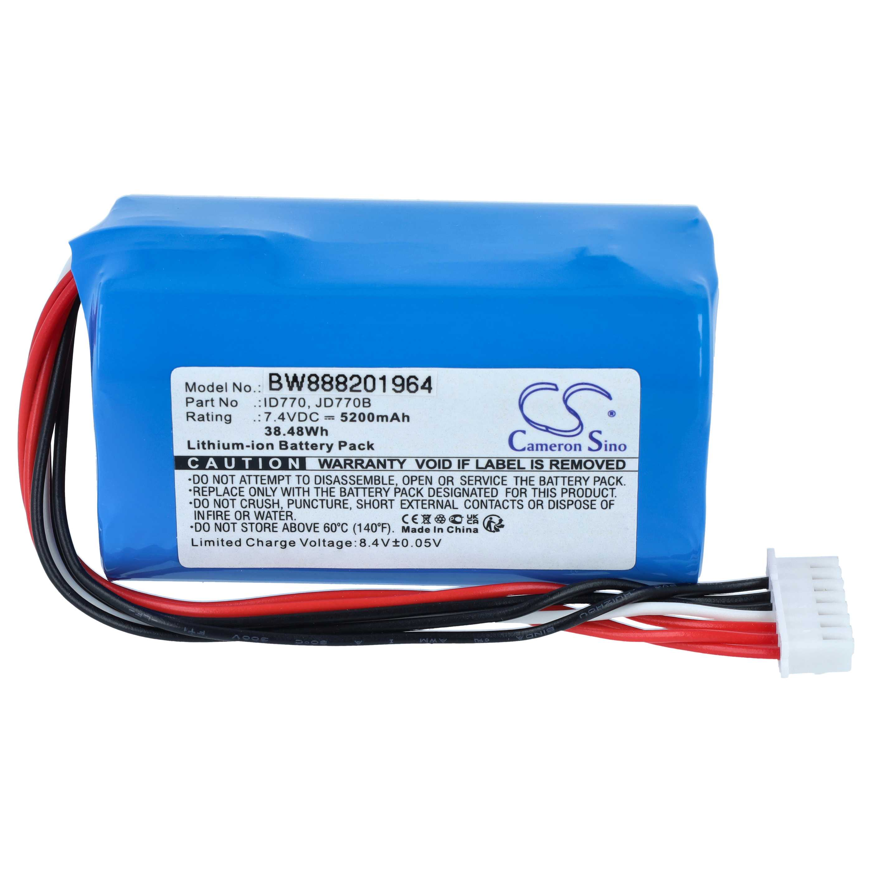 Ein blauer Lithium-Ionen-Akku mit Warnhinweisen und angeschlossenen roten, schwarzen und weißen Kabeln.