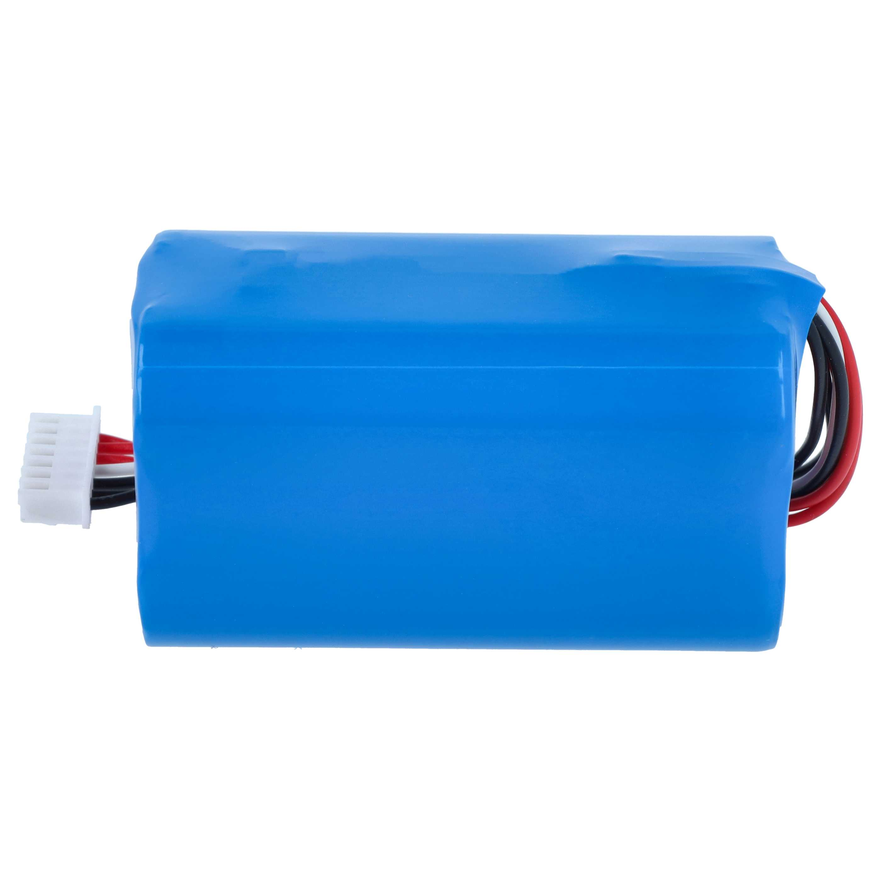 Ein rechteckiger, blauer Akku mit schwarzem, rotem und weißem Kabel sowie einem weißen Stecker.