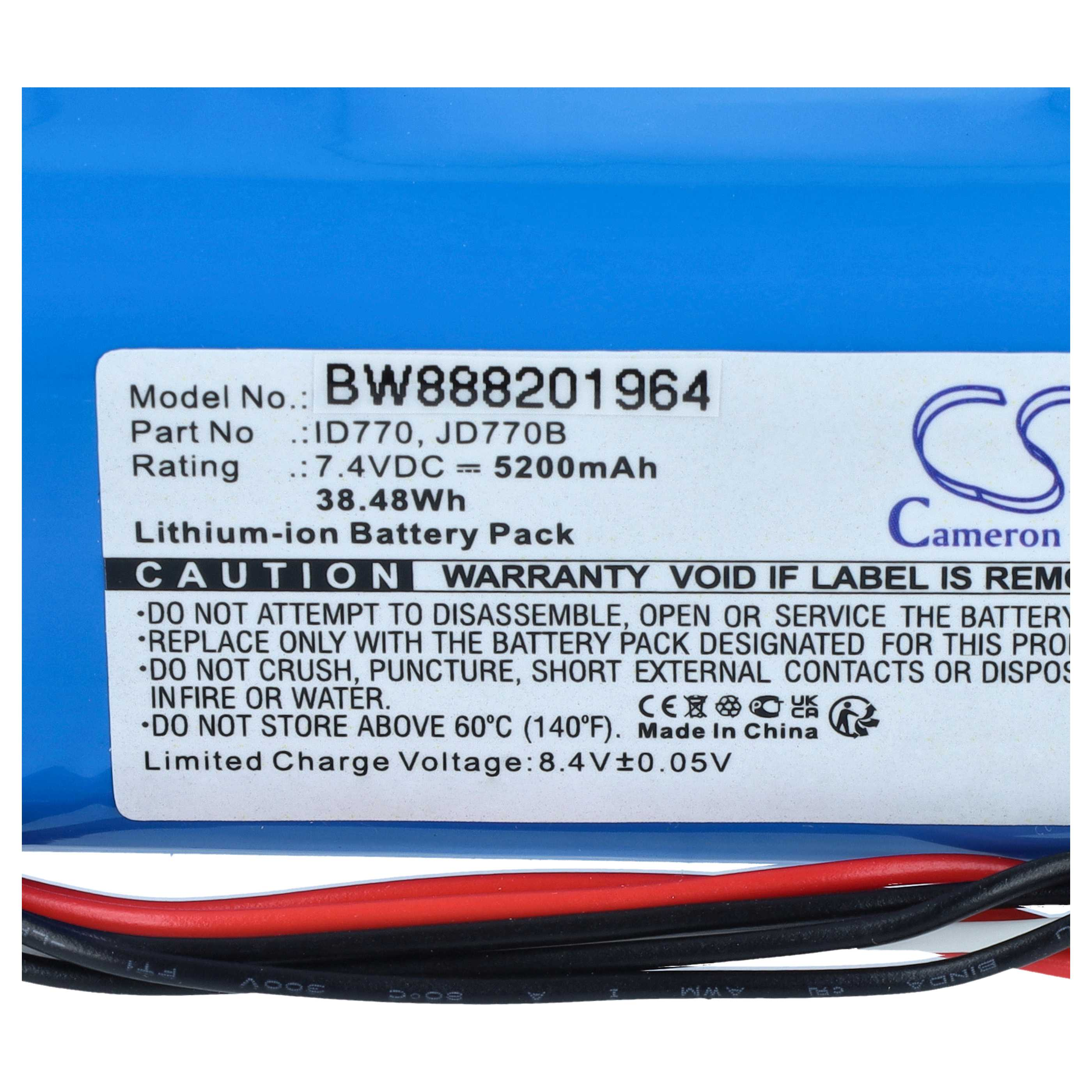 Nahaufnahme eines blauen Lithium-Ionen-Akkupacks mit Modellnummer BW888201964 und Sicherheitshinweisen.