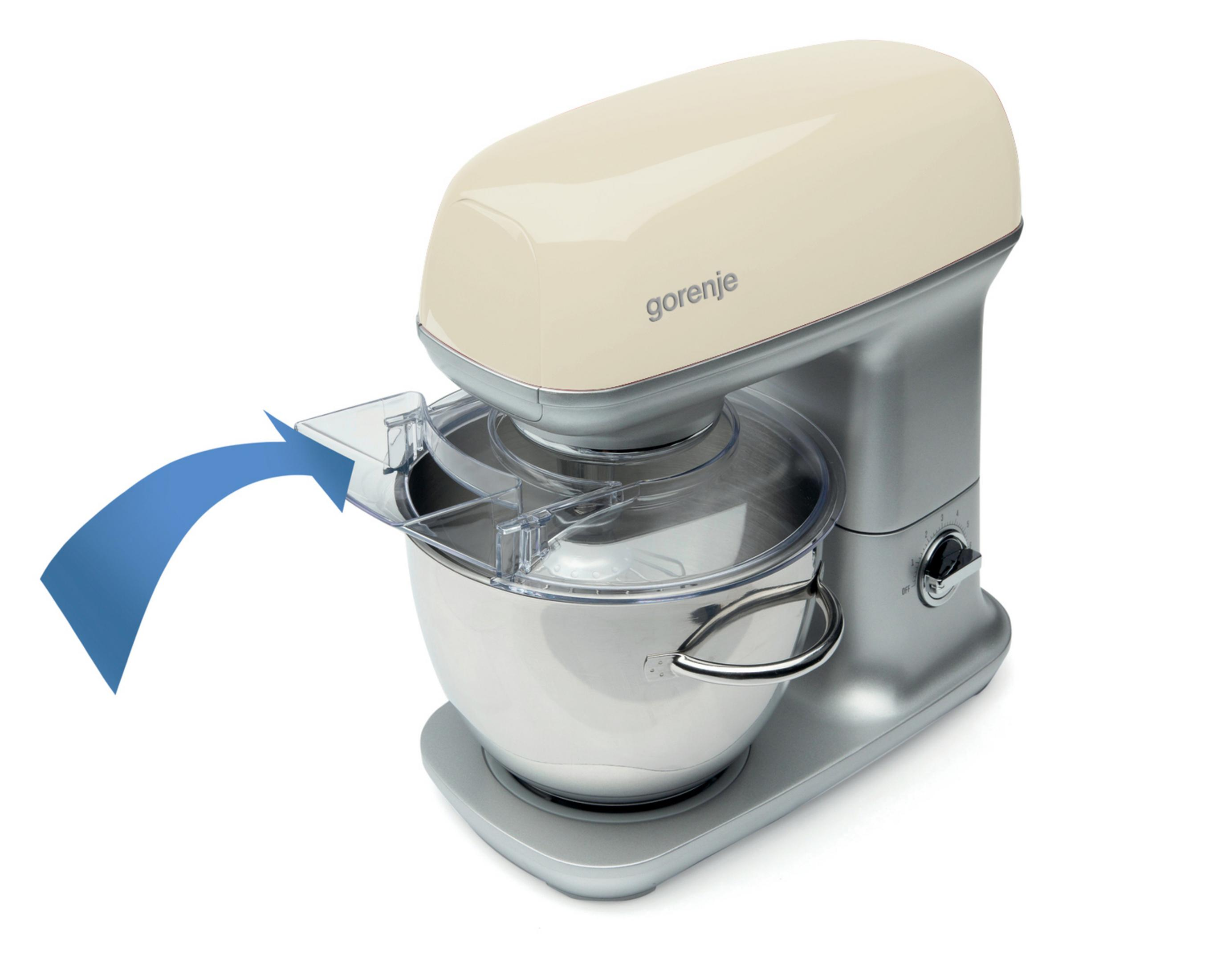 Ein cremefarbener Gorenje-Standmixer mit Edelstahlschüssel und einer blauen Pfeilgrafik.