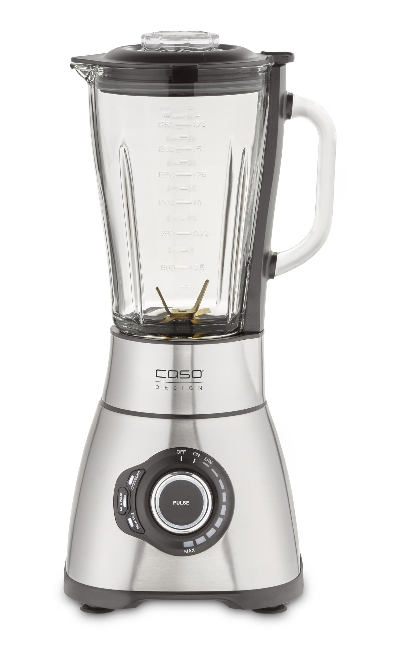 Edelstahl-Standmixer von Caso Design mit Glasaufsatz, schwarzem Deckel und Drehregler auf weißem Hintergrund.
