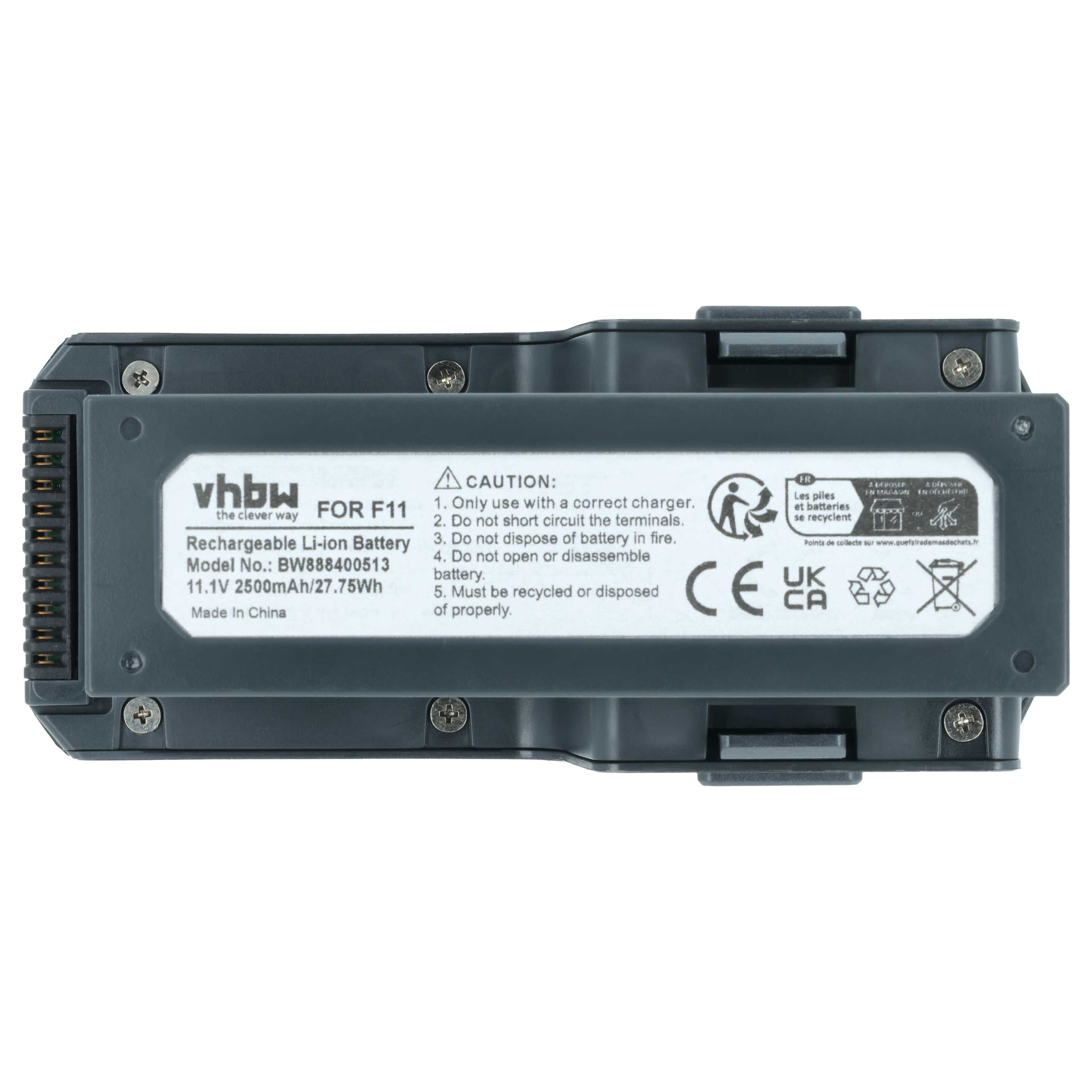 Ein vhbw Li-Ionen-Akku für F11 mit Warnhinweisen und Prüfzeichen.