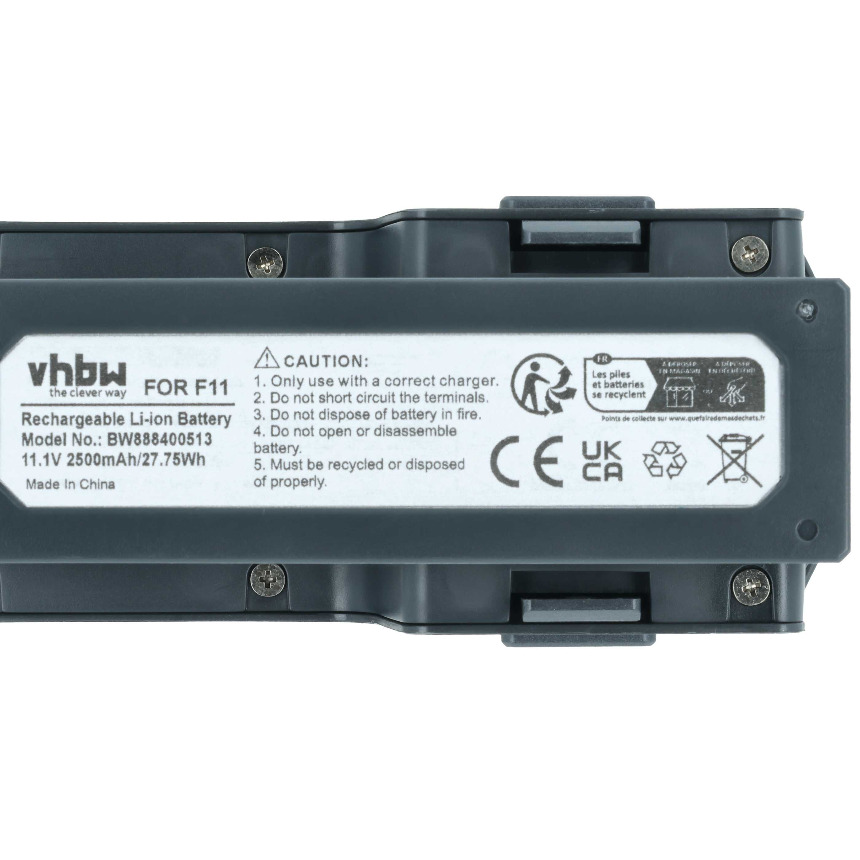 Aufkleber auf einem grauen Akku mit technischen Daten, Vorsichtshinweisen und Recyclingsymbolen.