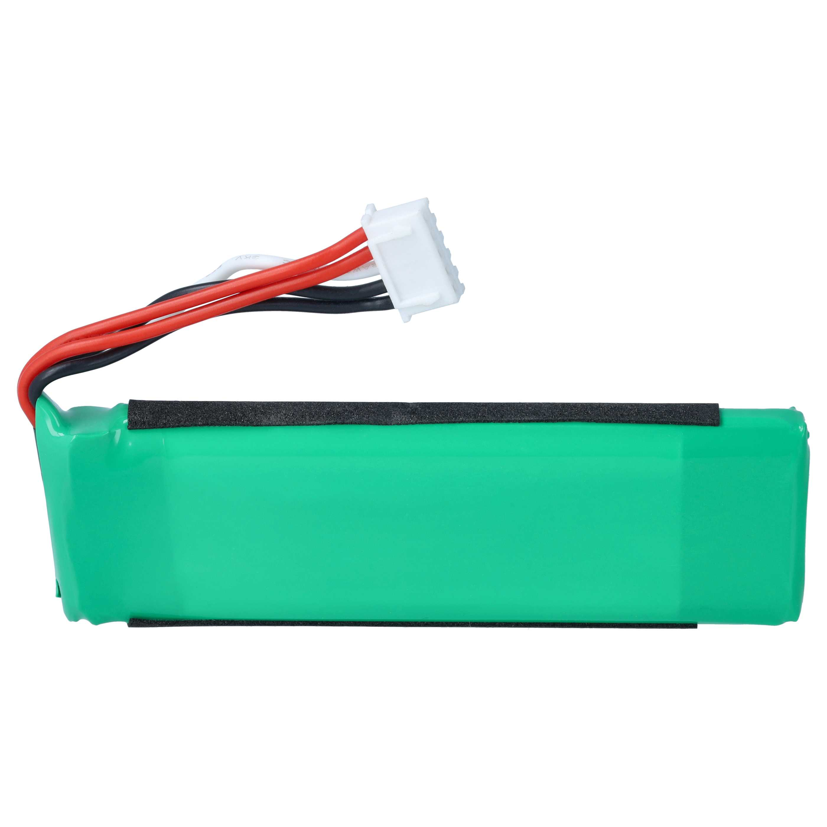 Eine grüne Batterie mit schwarzem Rand und verbundenen roten, schwarzen und weißen Kabeln mit weißem Stecker.