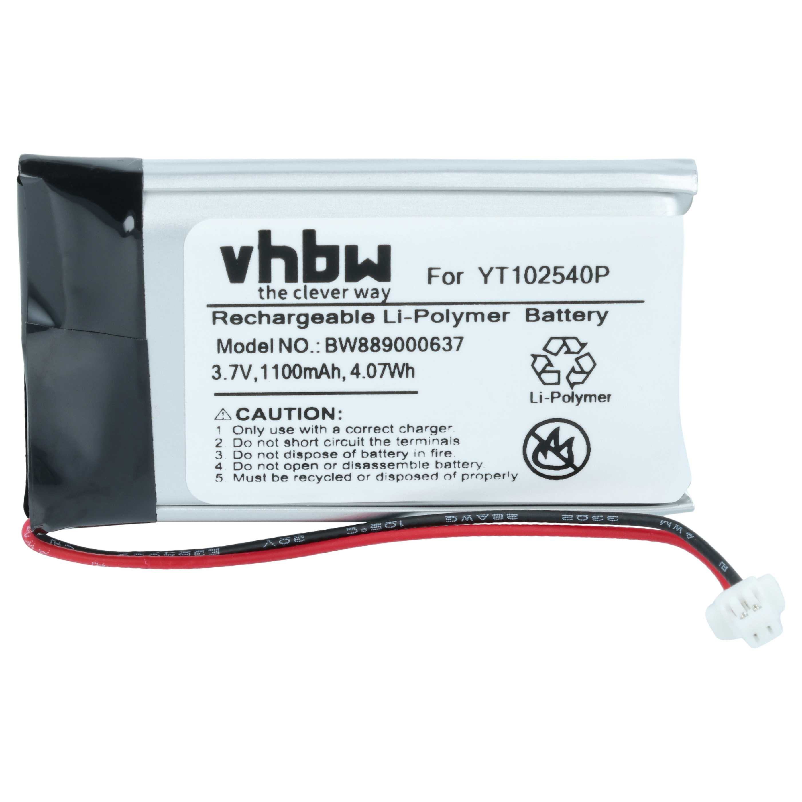 Silberner Vhbw Li-Polymer-Akku mit roten und schwarzen Kabeln, weißem Stecker und gedruckten Warnhinweisen.